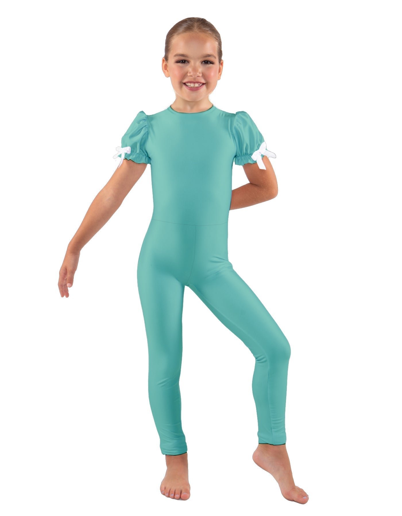 Solid Lycra Puff Sleeve Round Neck Keyhole Unitard