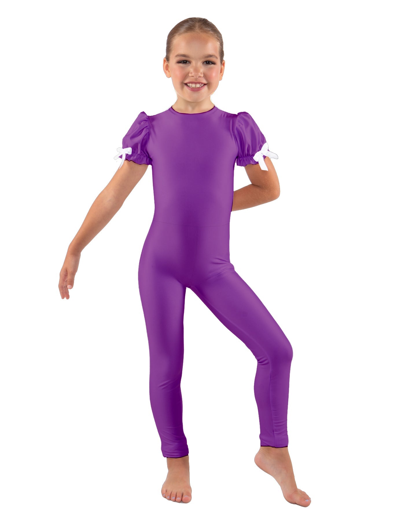Solid Lycra Puff Sleeve Round Neck Keyhole Unitard