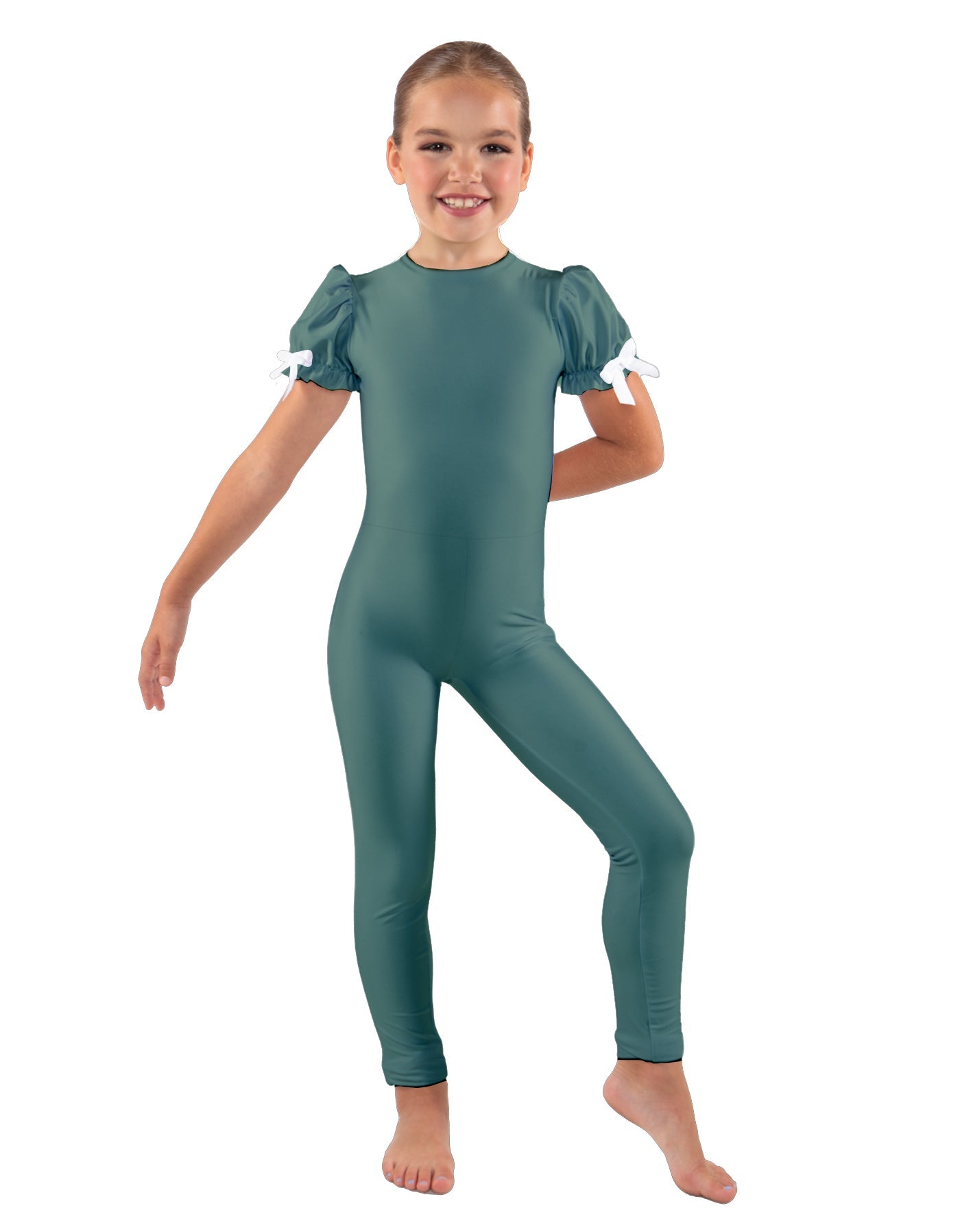 Solid Lycra Puff Sleeve Round Neck Keyhole Unitard