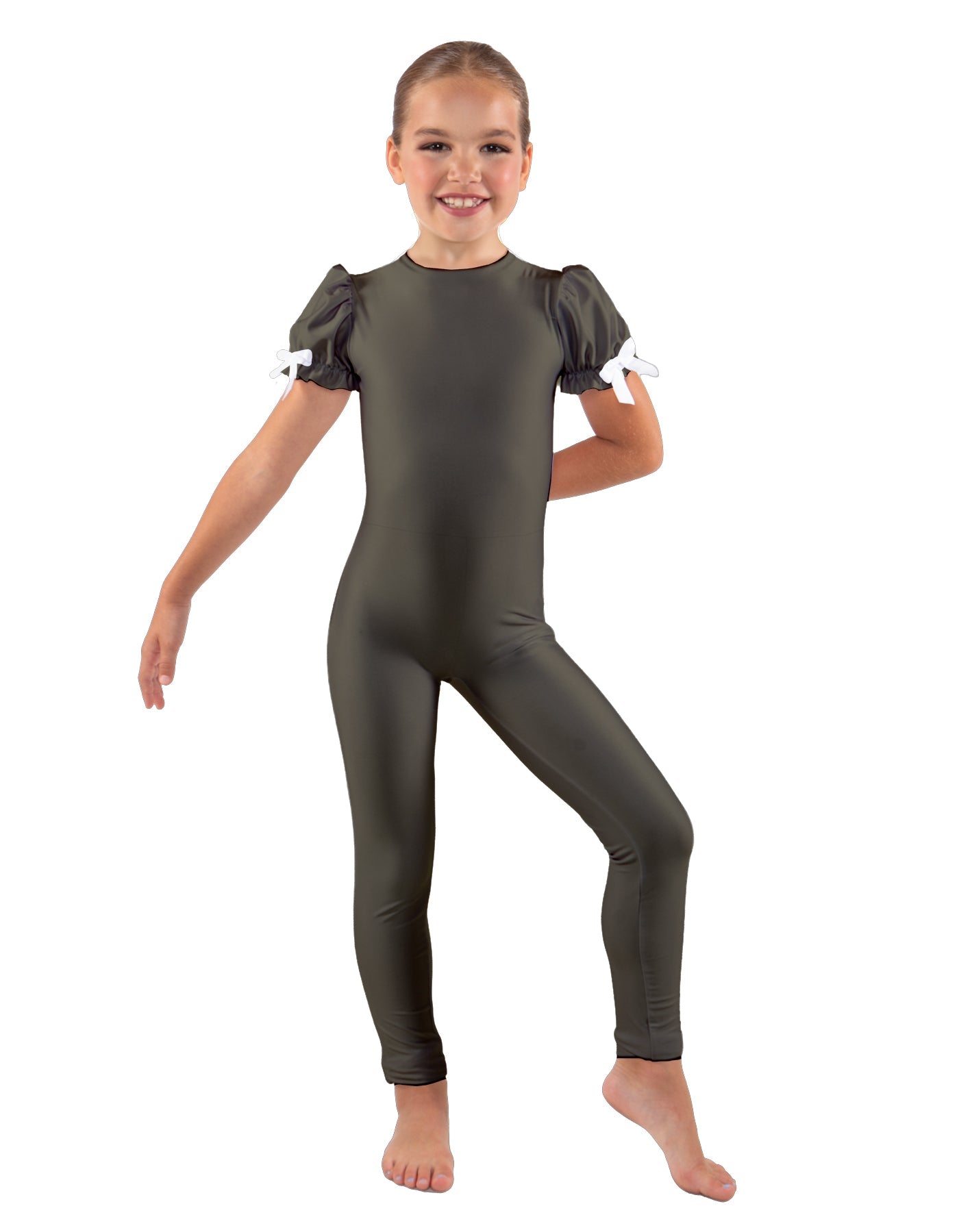 Solid Lycra Puff Sleeve Round Neck Keyhole Unitard