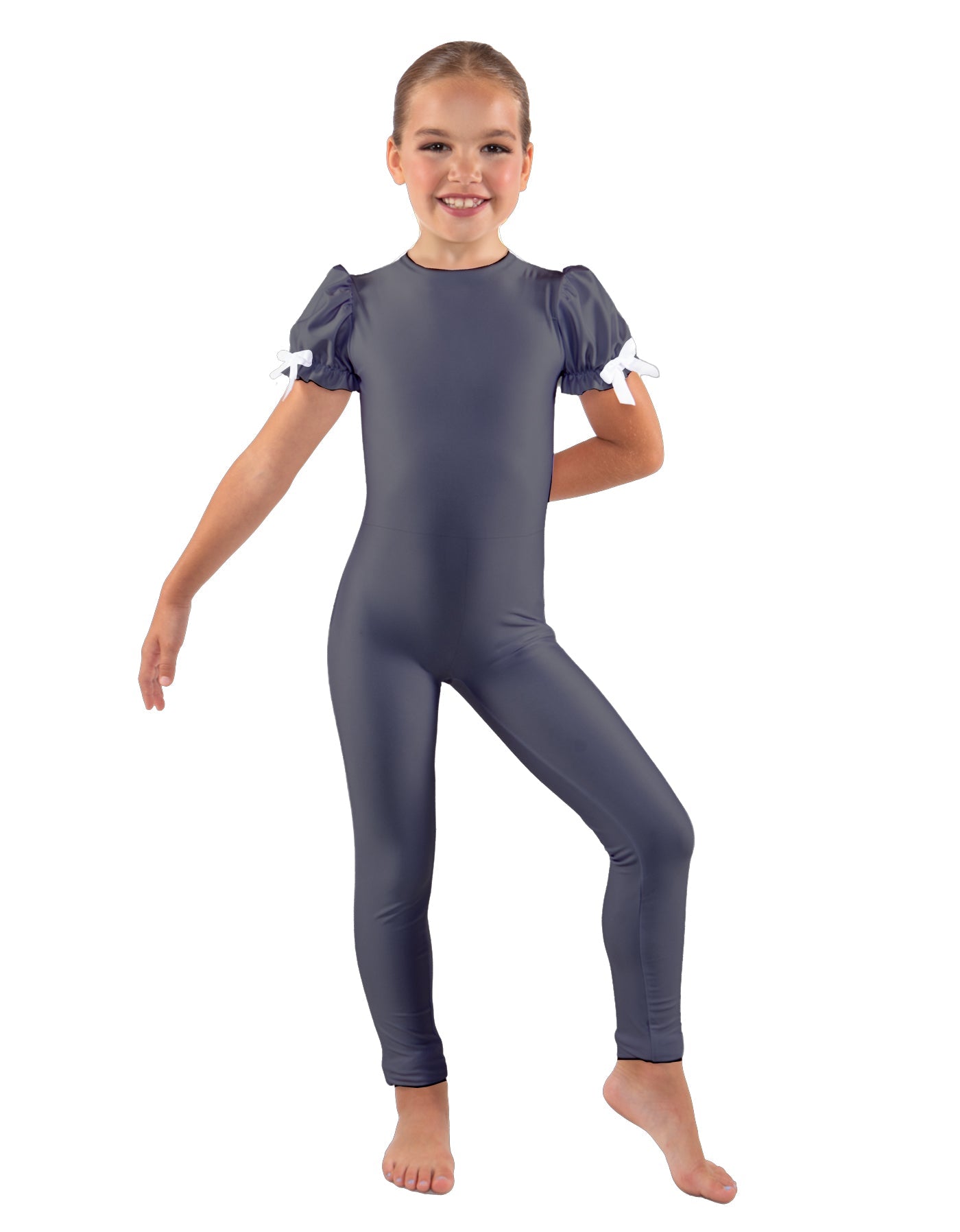 Solid Lycra Puff Sleeve Round Neck Keyhole Unitard