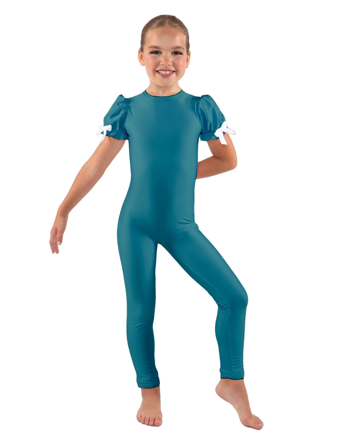 Solid Lycra Puff Sleeve Round Neck Keyhole Unitard