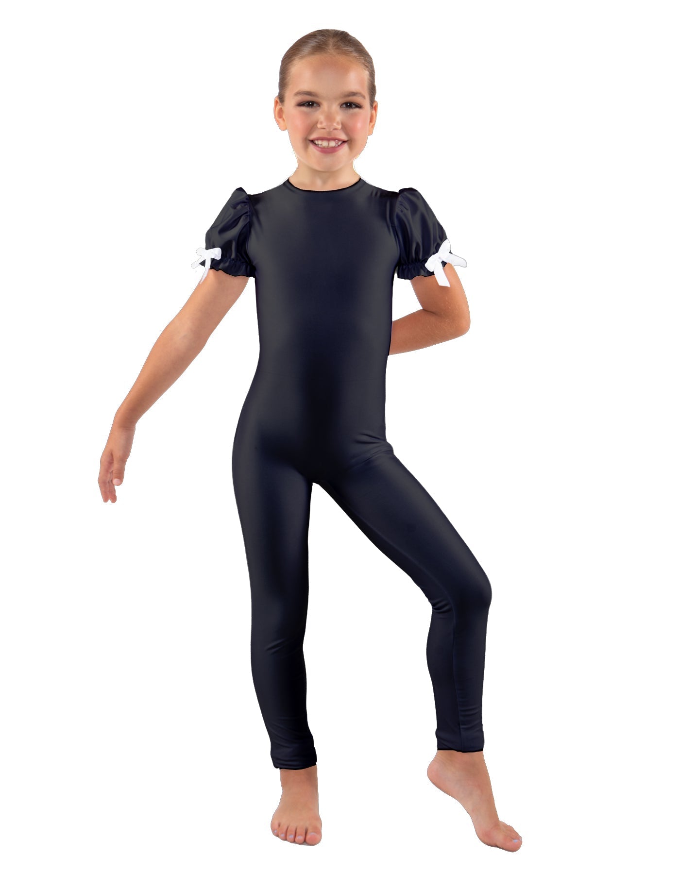 Solid Lycra Puff Sleeve Round Neck Keyhole Unitard