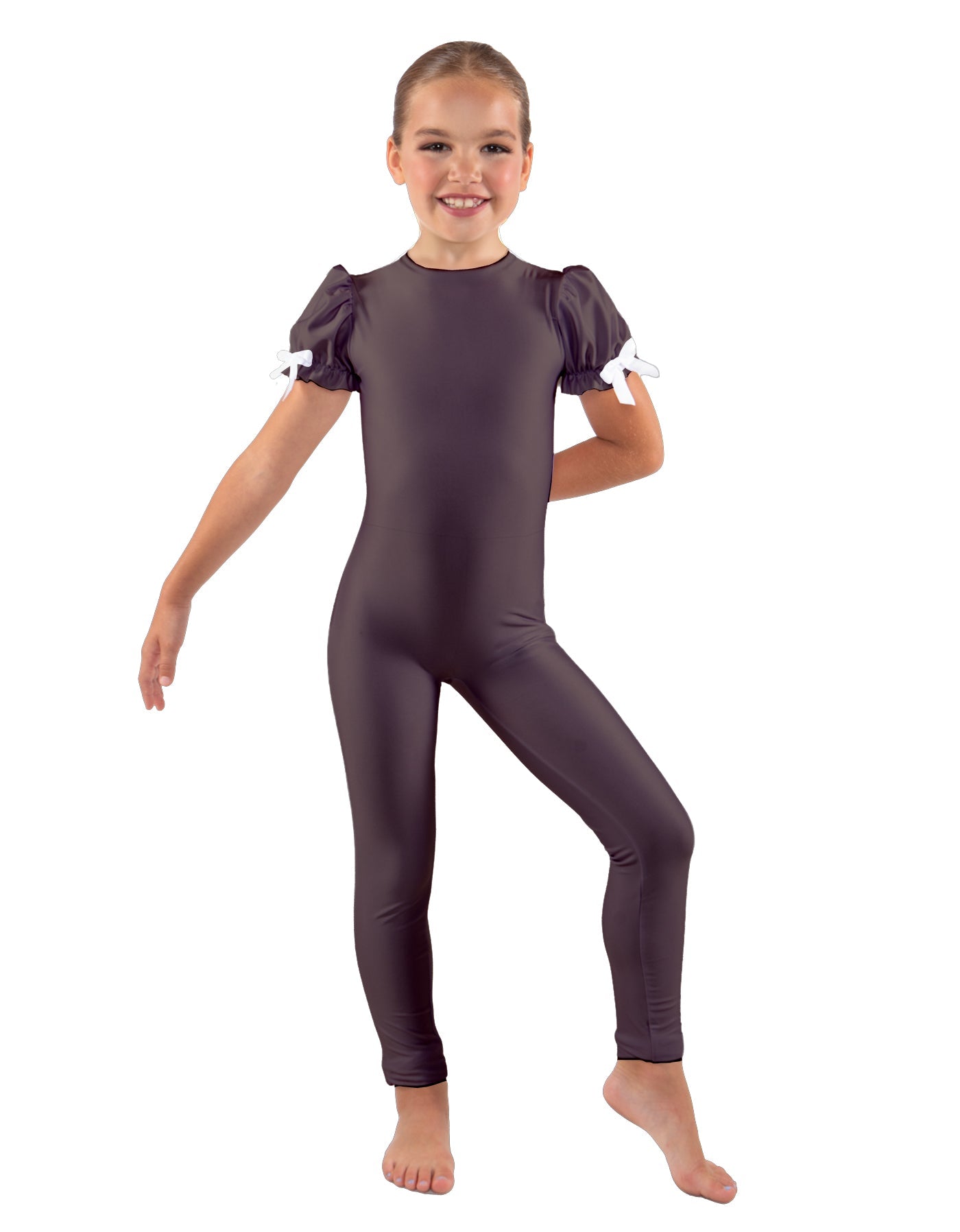 Solid Lycra Puff Sleeve Round Neck Keyhole Unitard