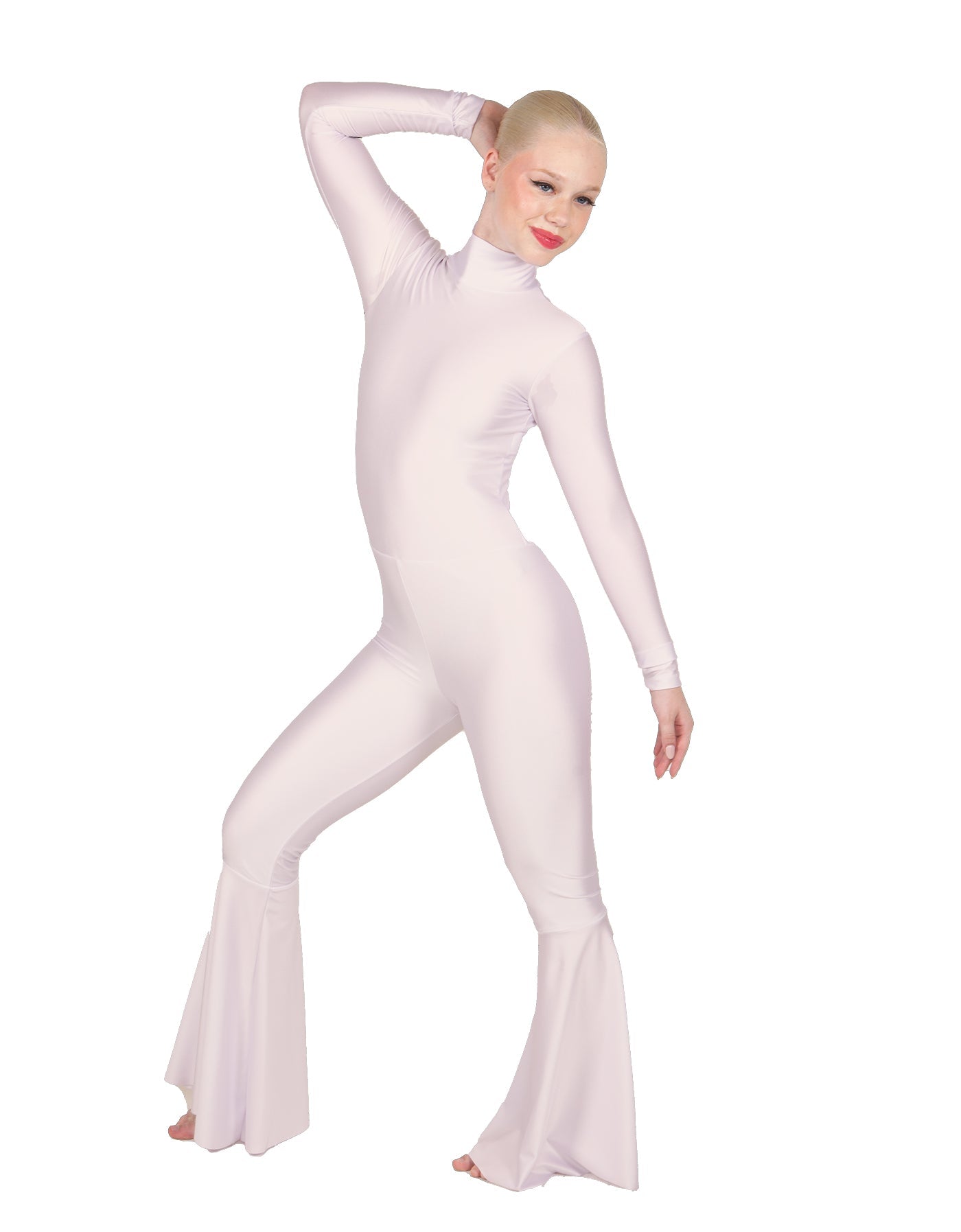 Solid Lycra LS Zipper Back Wide Flare Pant Unitard