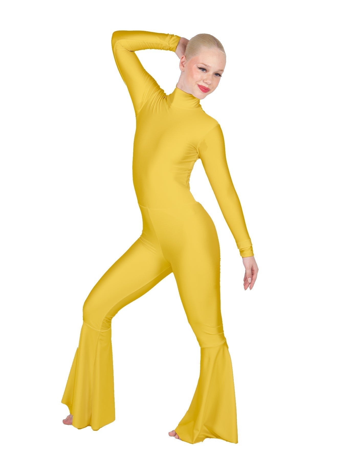 Solid Lycra LS Zipper Back Wide Flare Pant Unitard