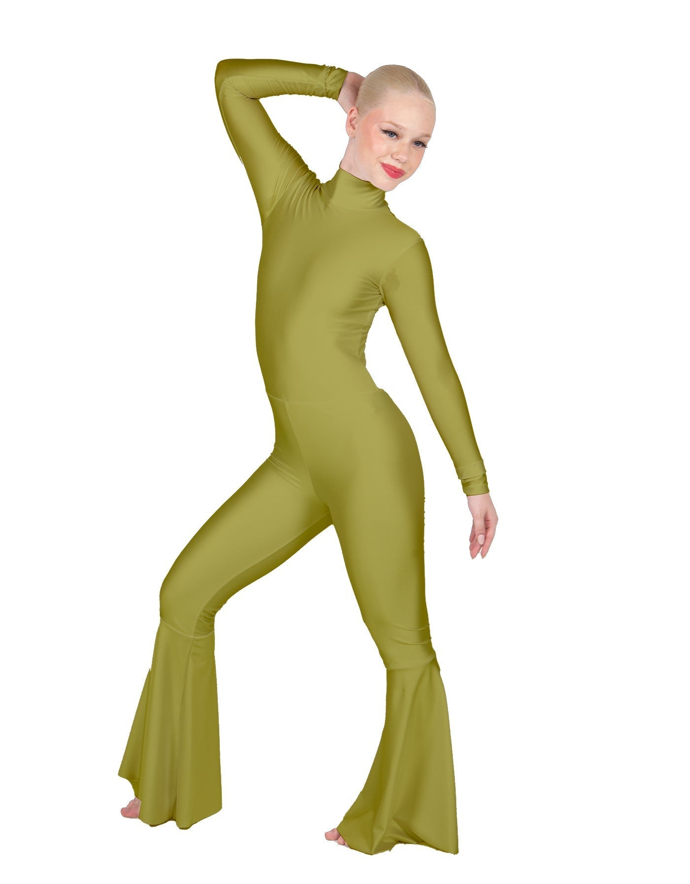 Solid Lycra LS Zipper Back Wide Flare Pant Unitard
