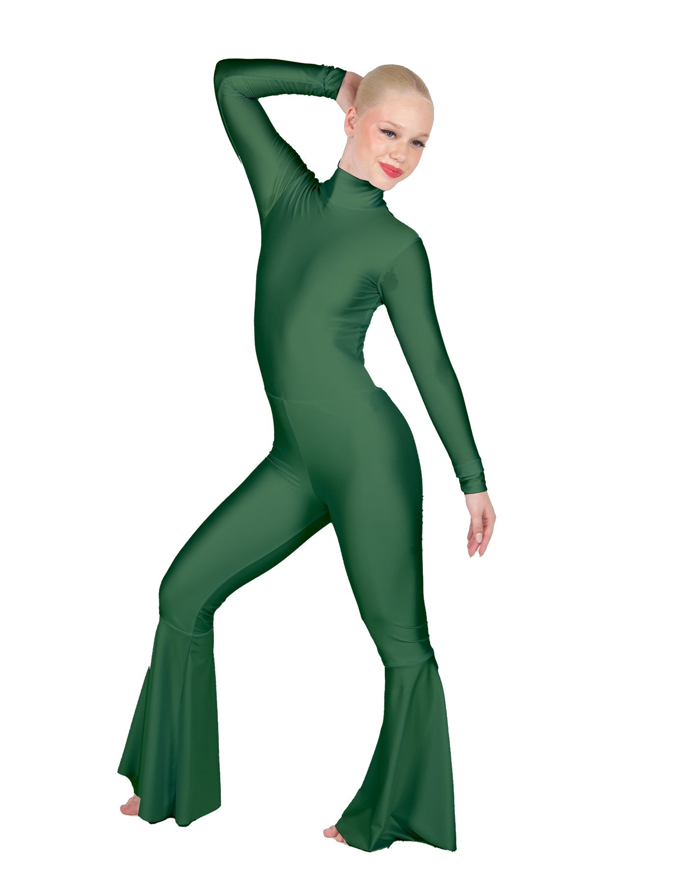 Solid Lycra LS Zipper Back Wide Flare Pant Unitard