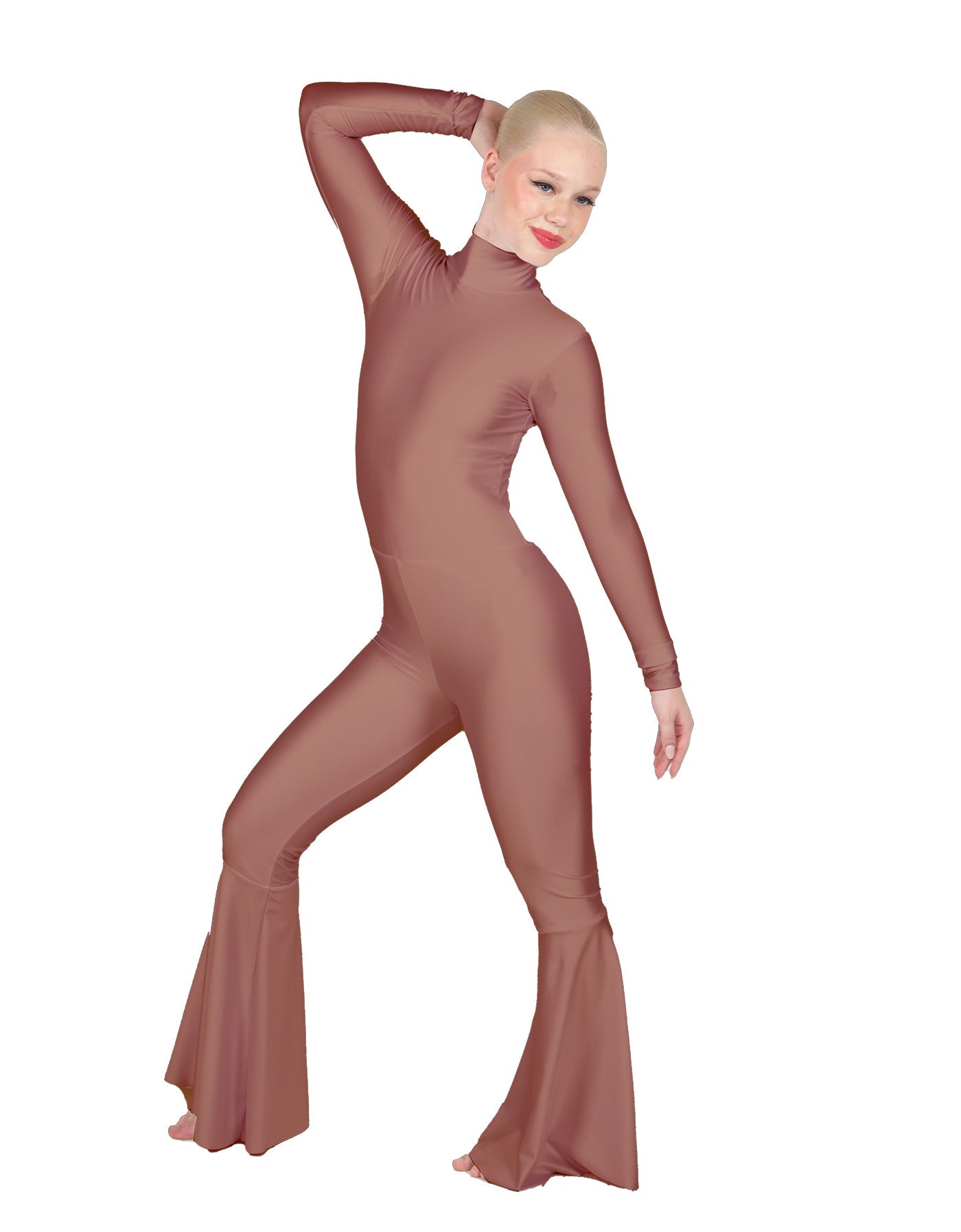 Solid Lycra LS Zipper Back Wide Flare Pant Unitard