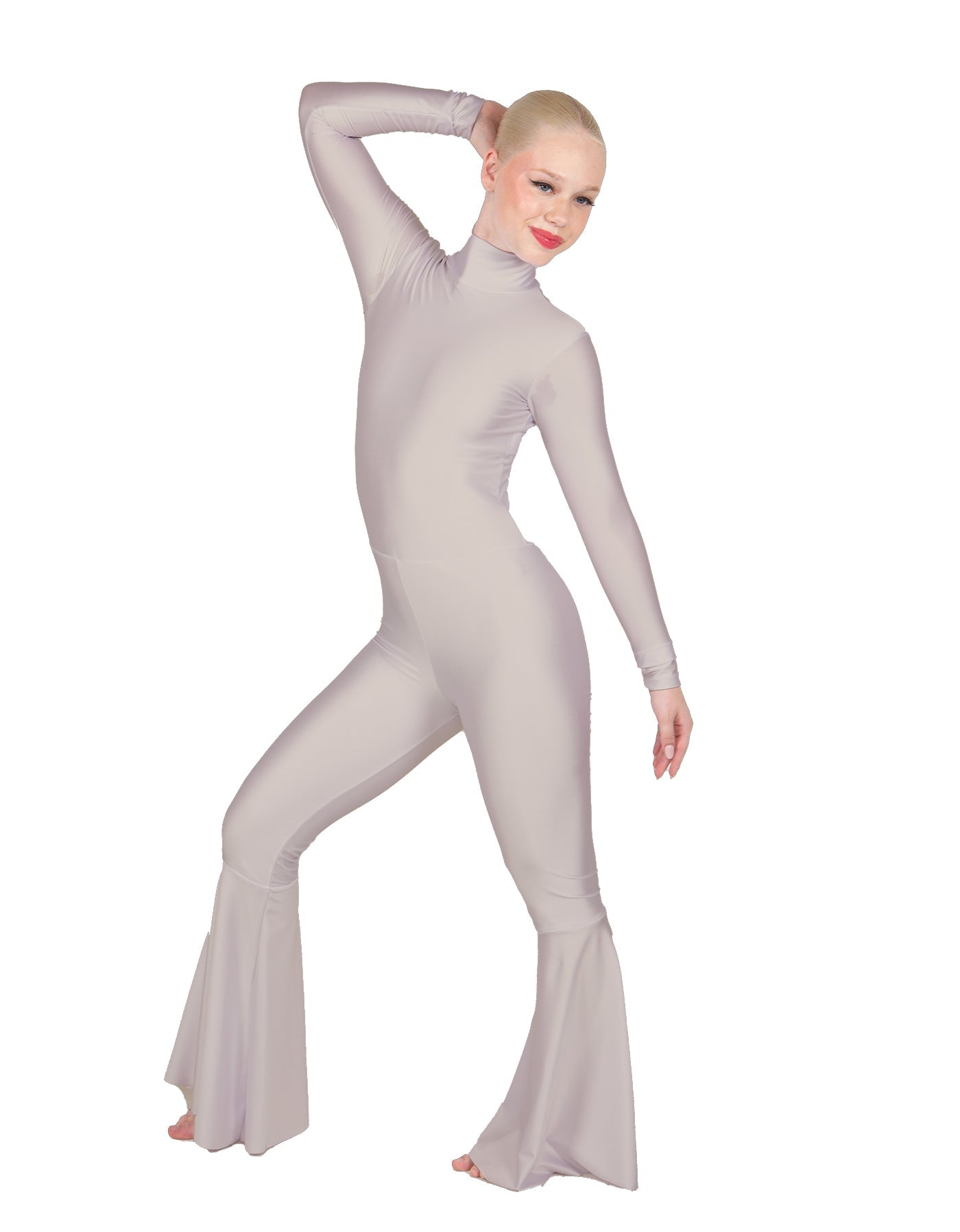 Solid Lycra LS Zipper Back Wide Flare Pant Unitard