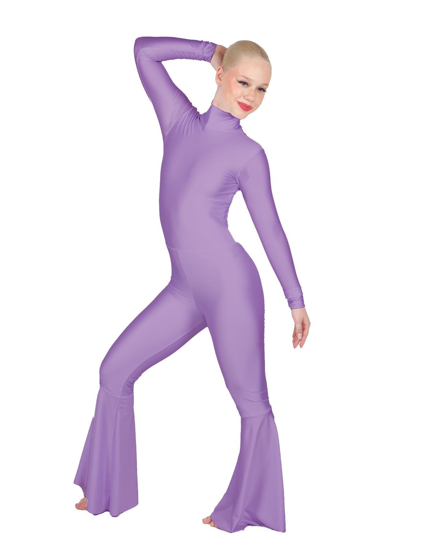 Solid Lycra LS Zipper Back Wide Flare Pant Unitard