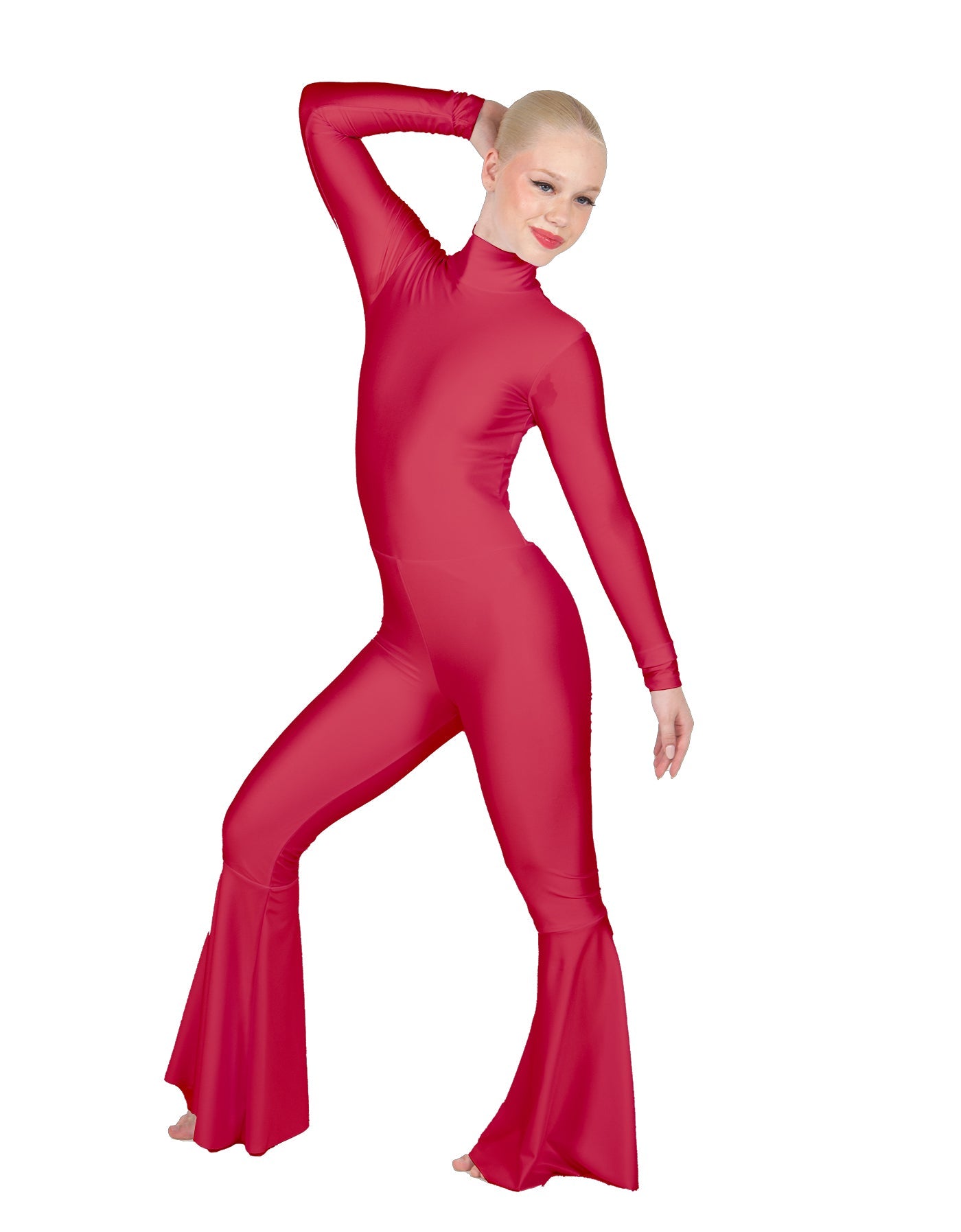 Solid Lycra LS Zipper Back Wide Flare Pant Unitard