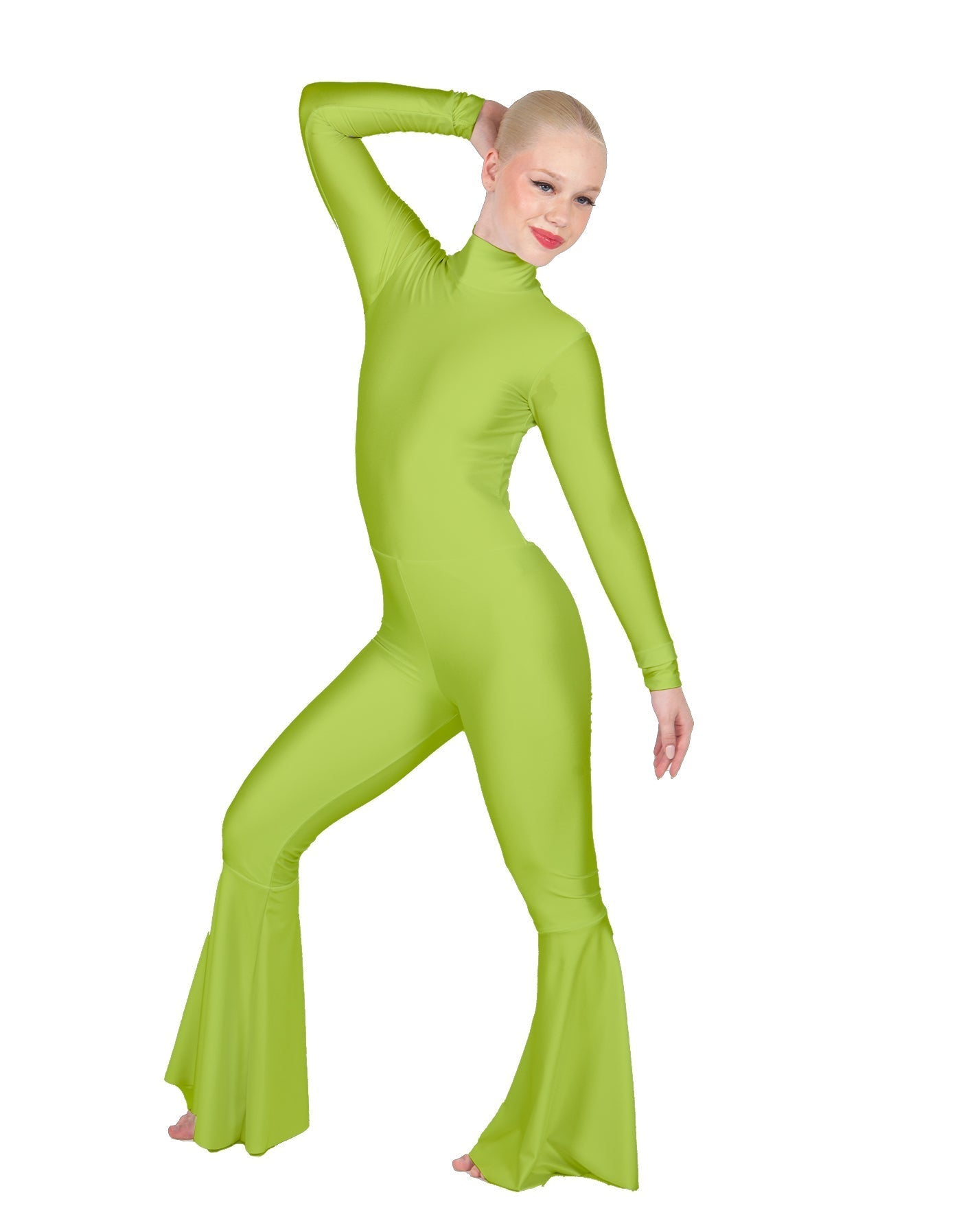 Solid Lycra LS Zipper Back Wide Flare Pant Unitard