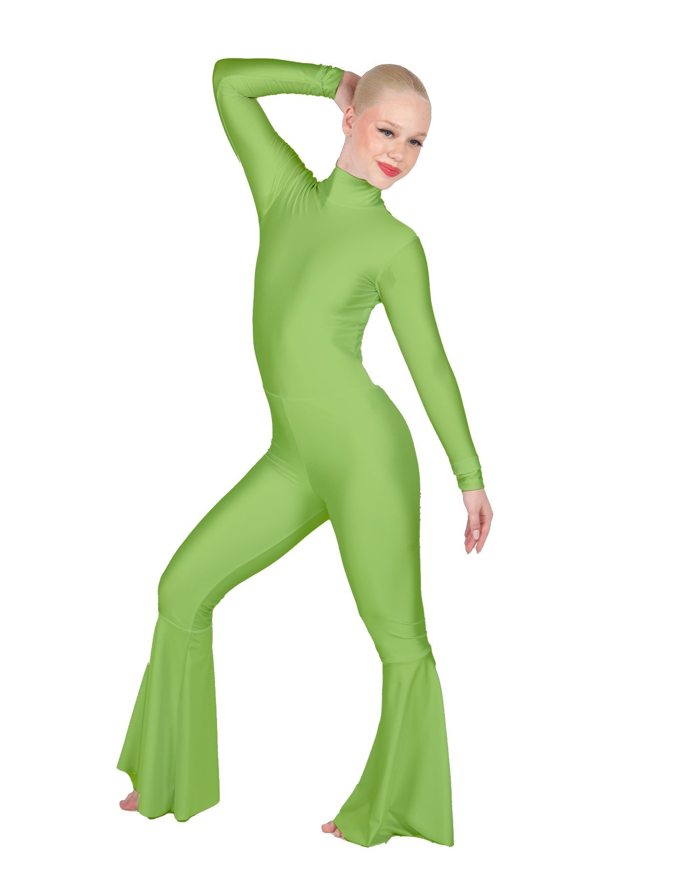 Solid Lycra LS Zipper Back Wide Flare Pant Unitard