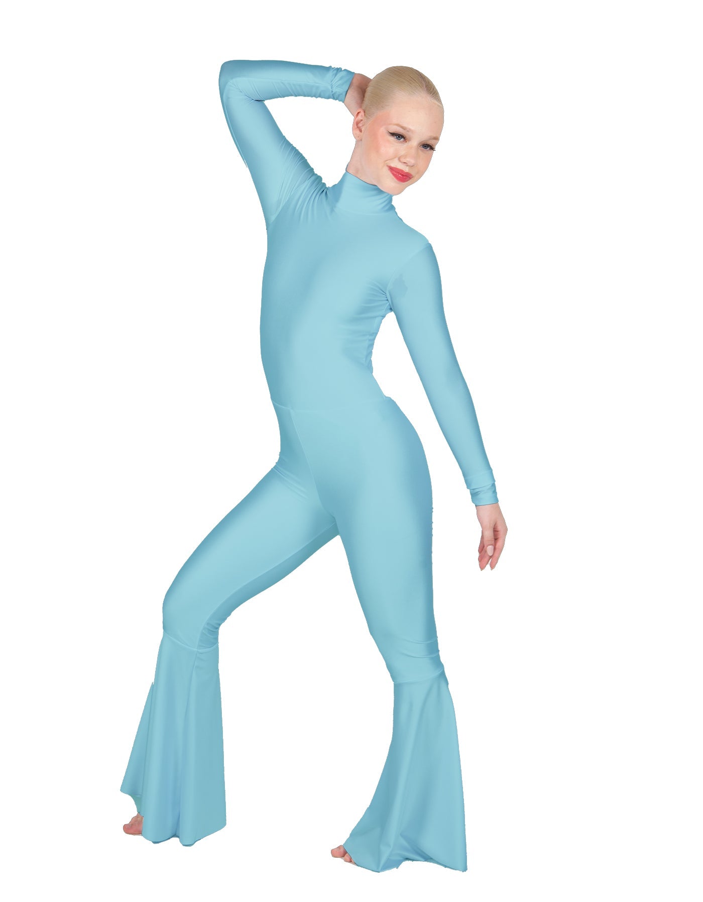 Solid Lycra LS Zipper Back Wide Flare Pant Unitard
