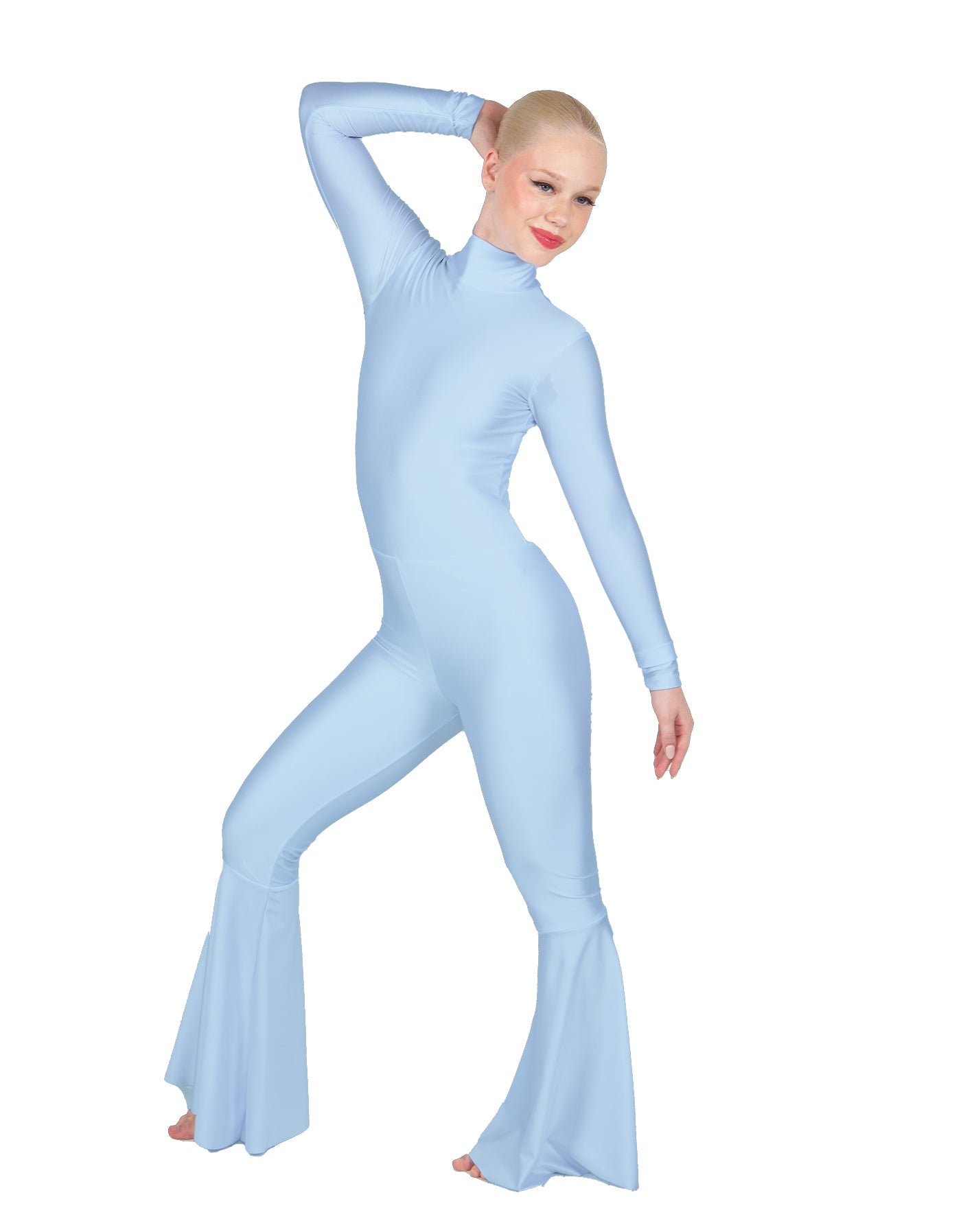 Solid Lycra LS Zipper Back Wide Flare Pant Unitard