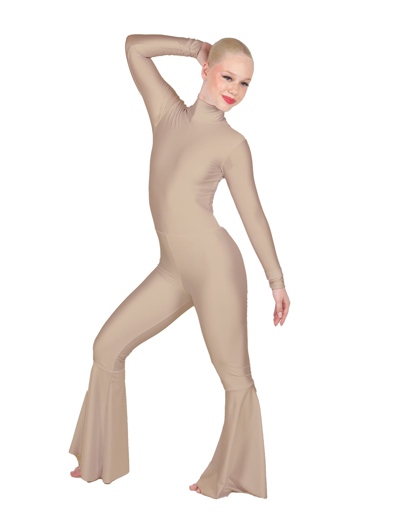 Solid Lycra LS Zipper Back Wide Flare Pant Unitard