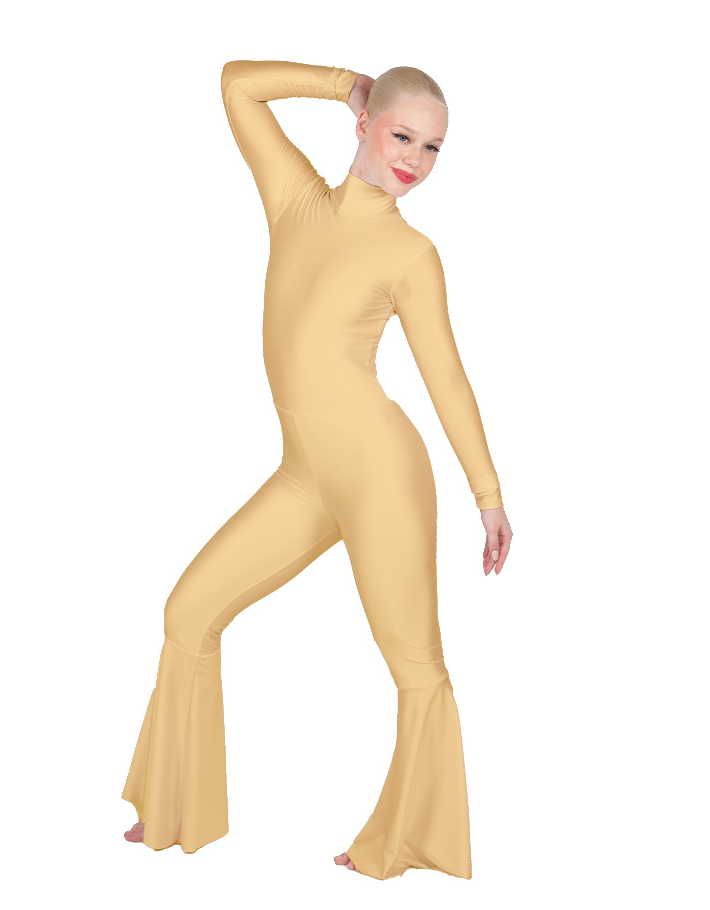 Solid Lycra LS Zipper Back Wide Flare Pant Unitard