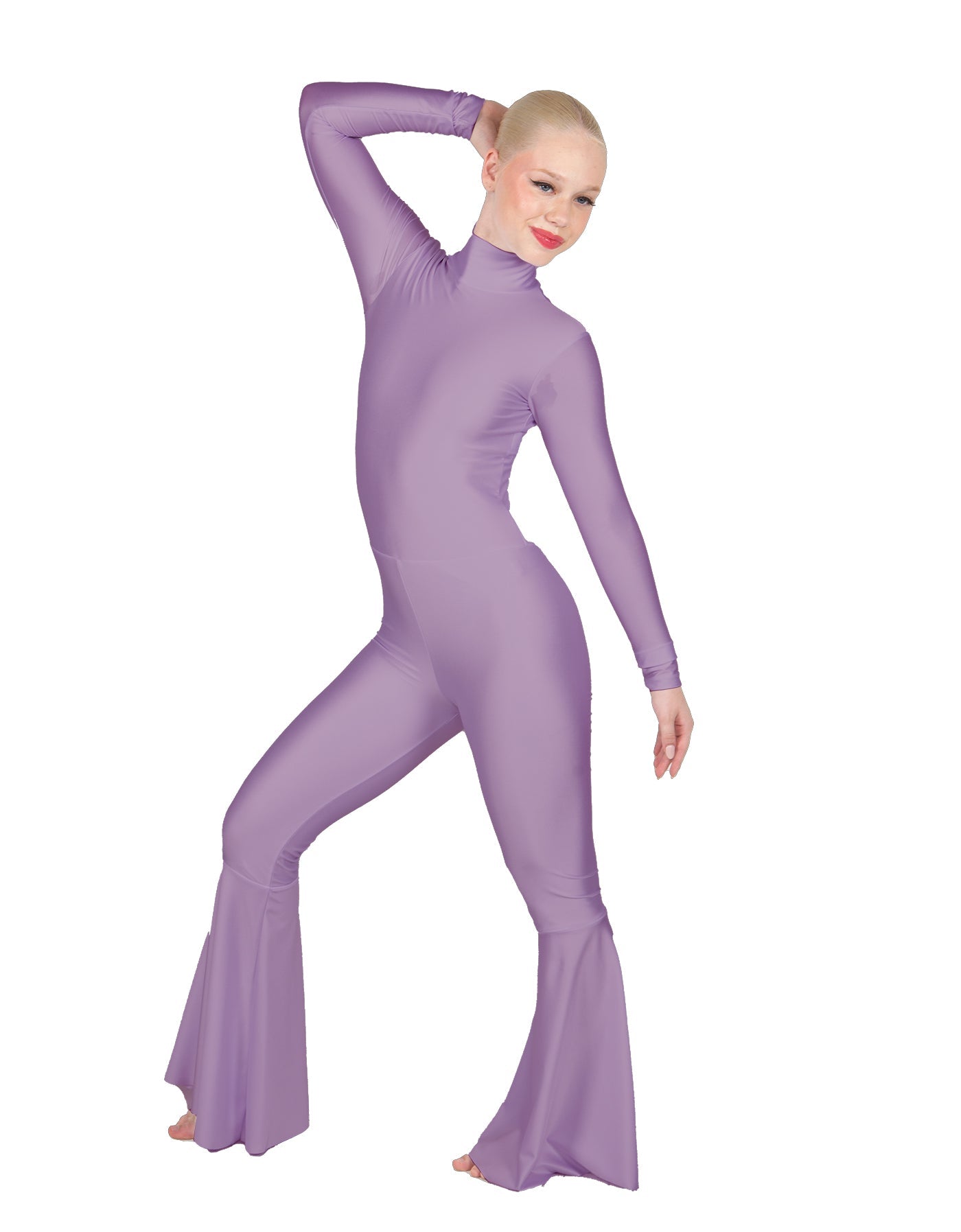 Solid Lycra LS Zipper Back Wide Flare Pant Unitard