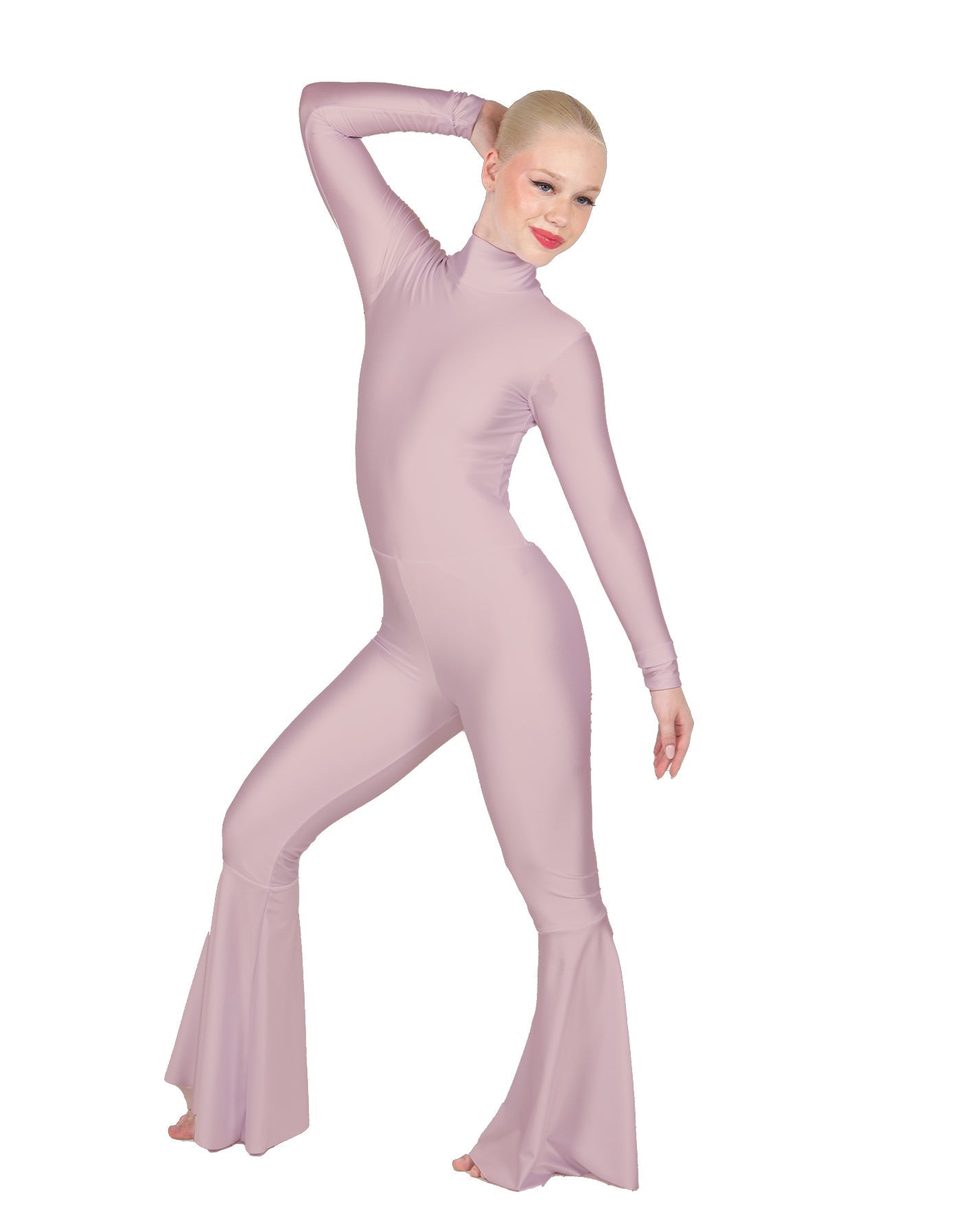 Solid Lycra LS Zipper Back Wide Flare Pant Unitard