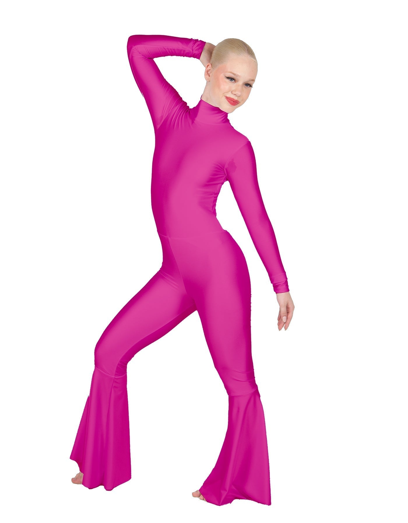 Solid Lycra LS Zipper Back Wide Flare Pant Unitard