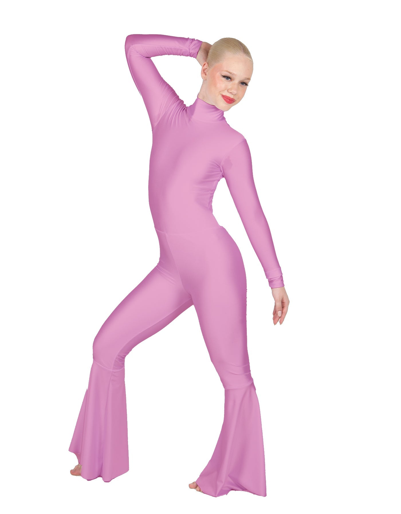 Solid Lycra LS Zipper Back Wide Flare Pant Unitard