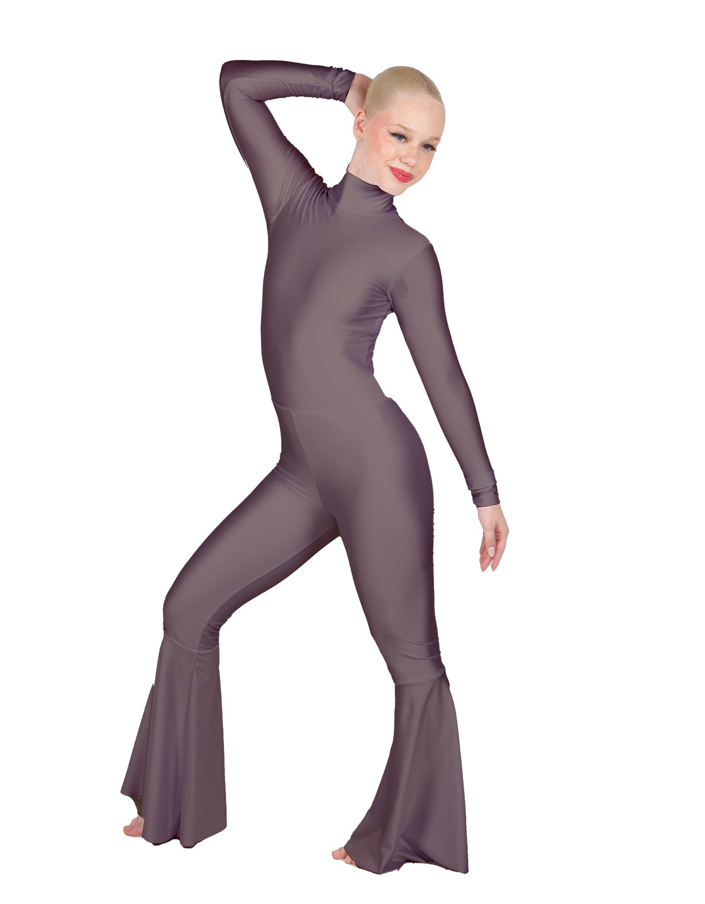 Solid Lycra LS Zipper Back Wide Flare Pant Unitard