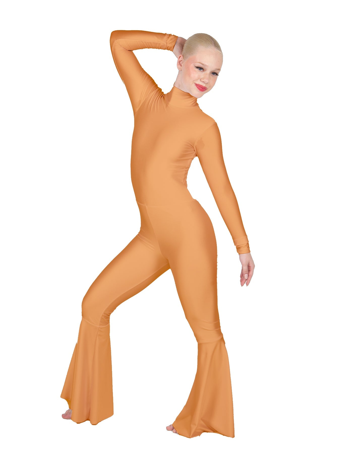 Solid Lycra LS Zipper Back Wide Flare Pant Unitard