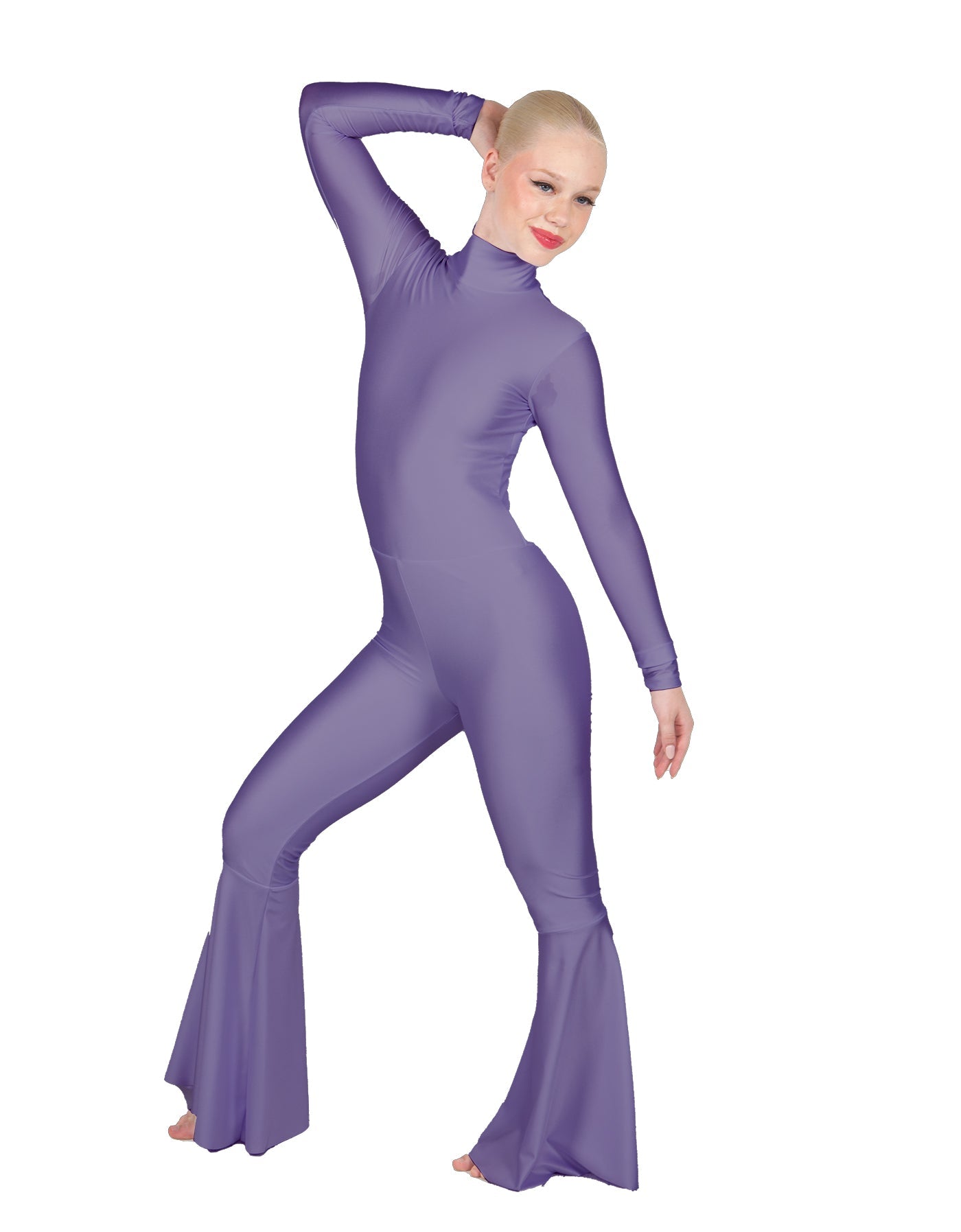 Solid Lycra LS Zipper Back Wide Flare Pant Unitard