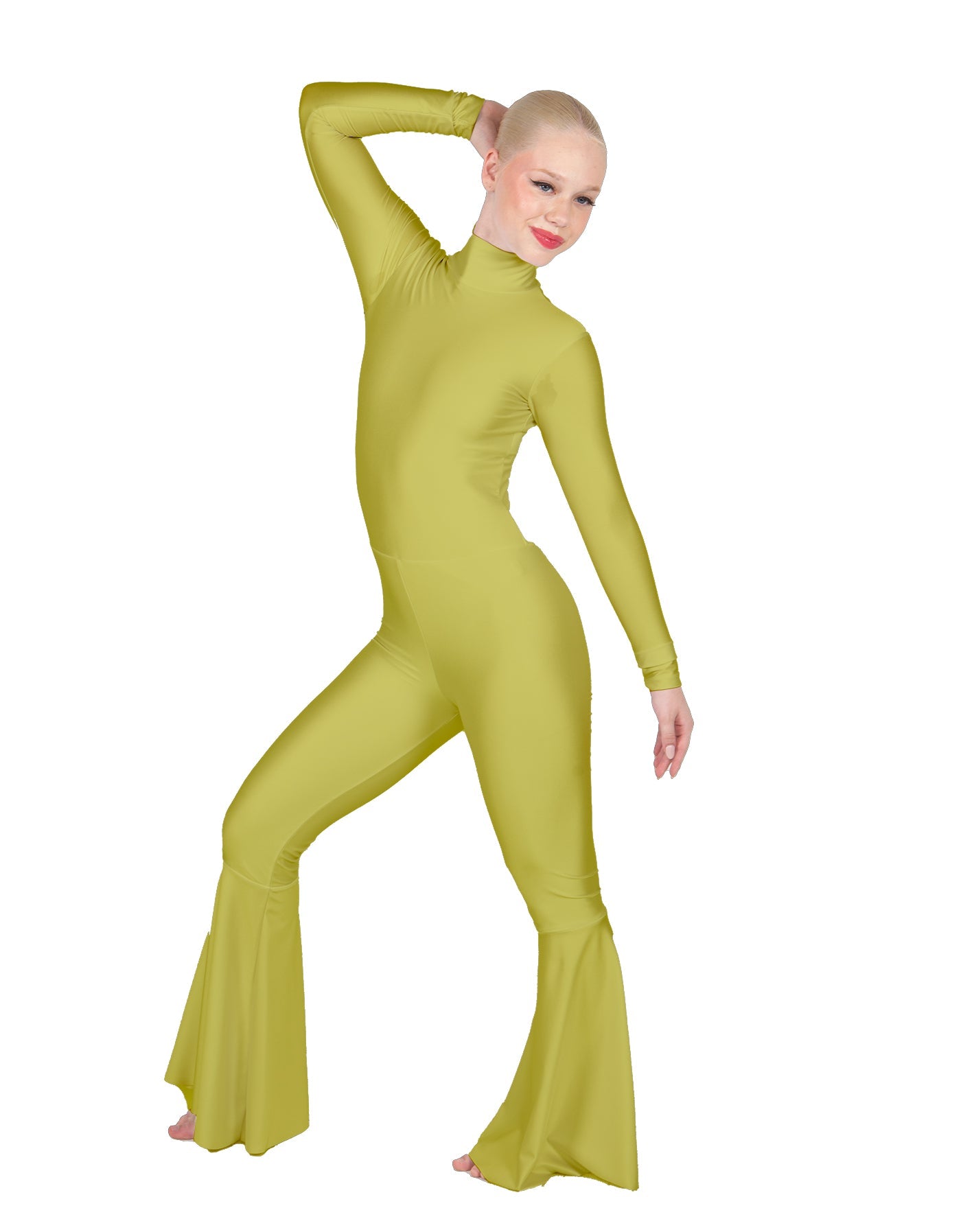 Solid Lycra LS Zipper Back Wide Flare Pant Unitard