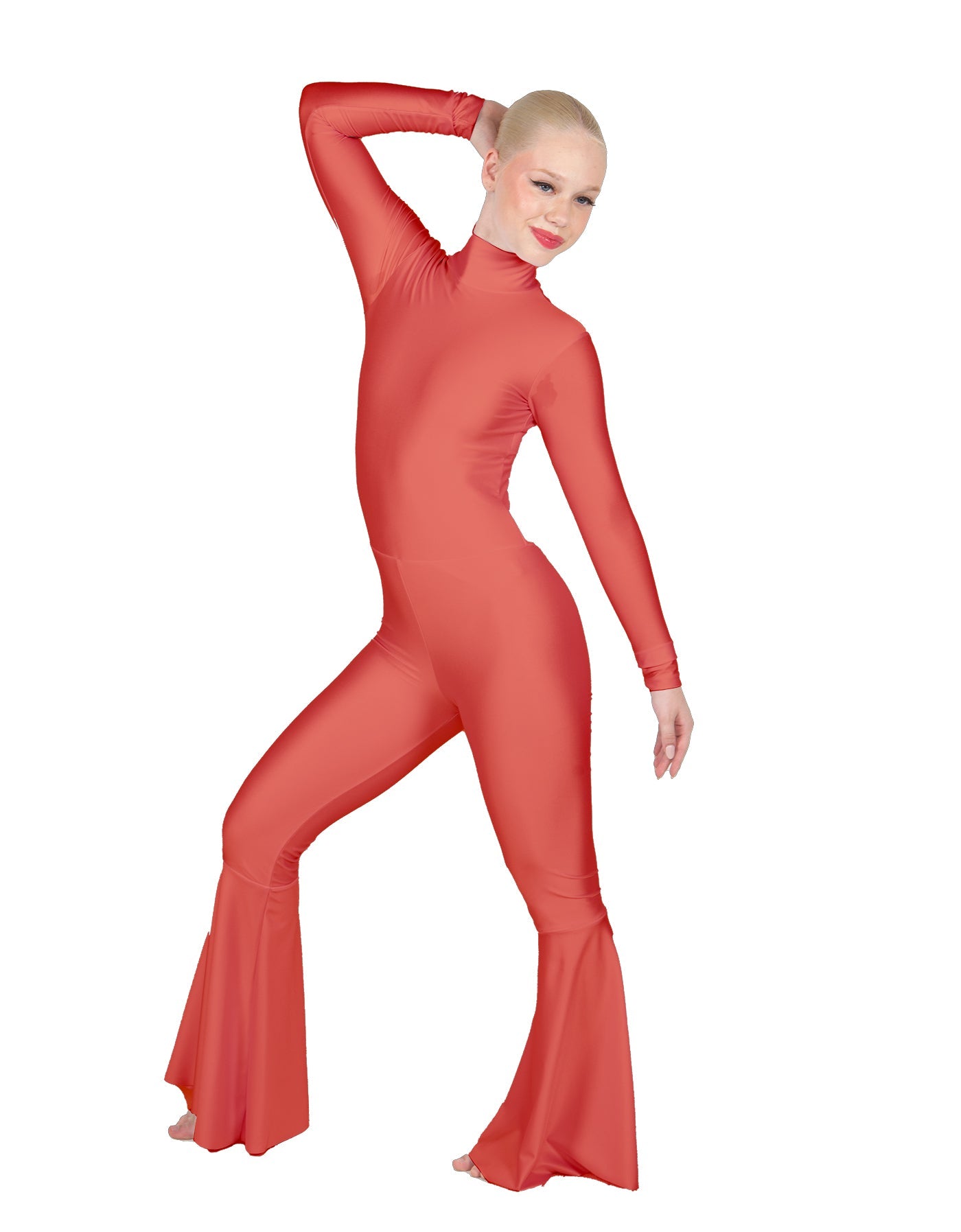 Solid Lycra LS Zipper Back Wide Flare Pant Unitard