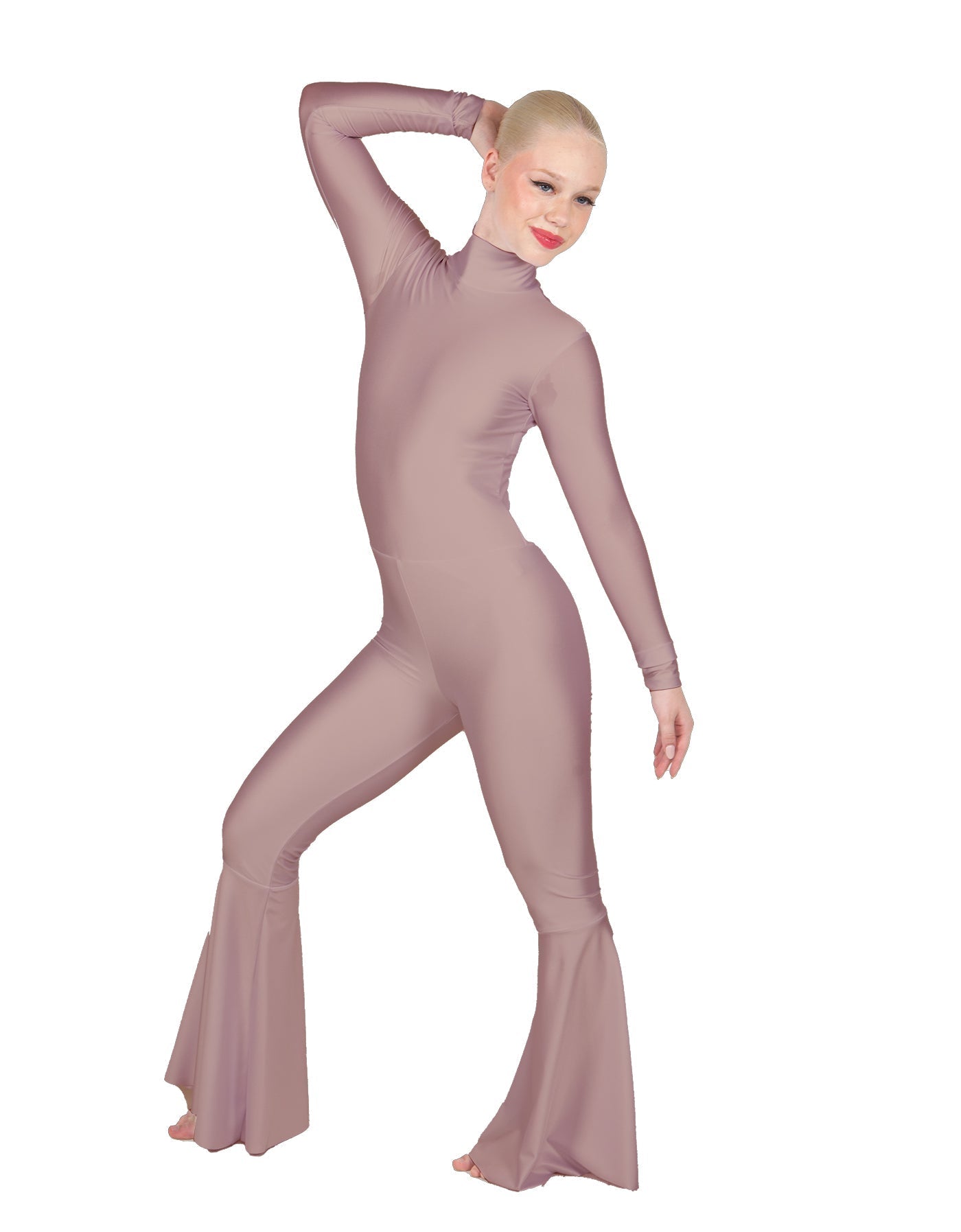 Solid Lycra LS Zipper Back Wide Flare Pant Unitard