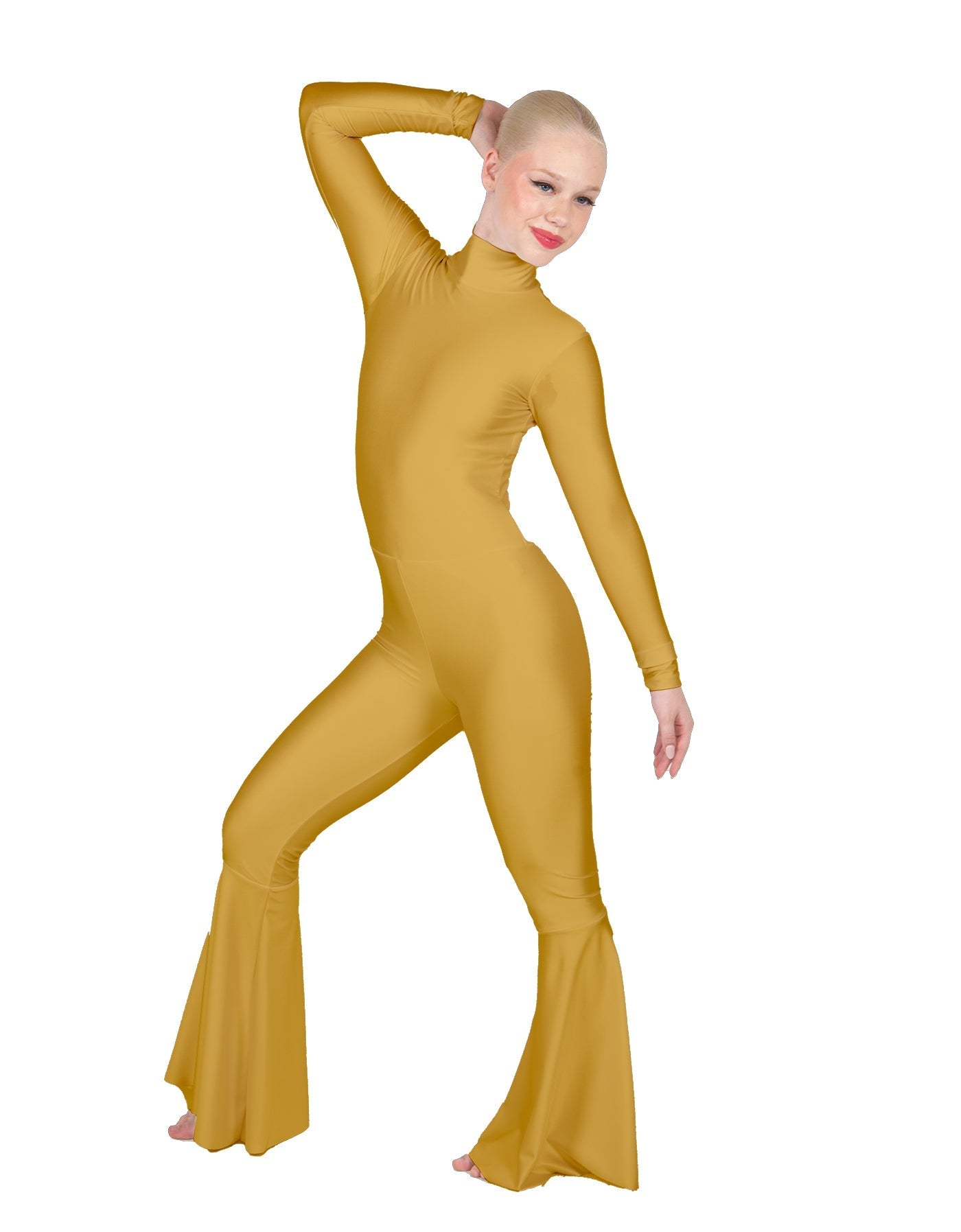Solid Lycra LS Zipper Back Wide Flare Pant Unitard