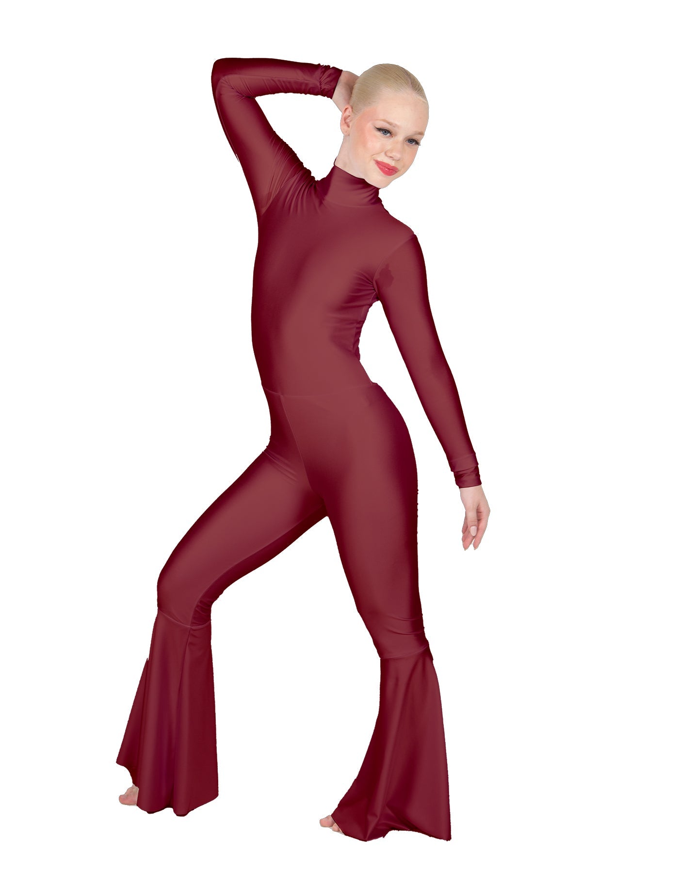 Solid Lycra LS Zipper Back Wide Flare Pant Unitard