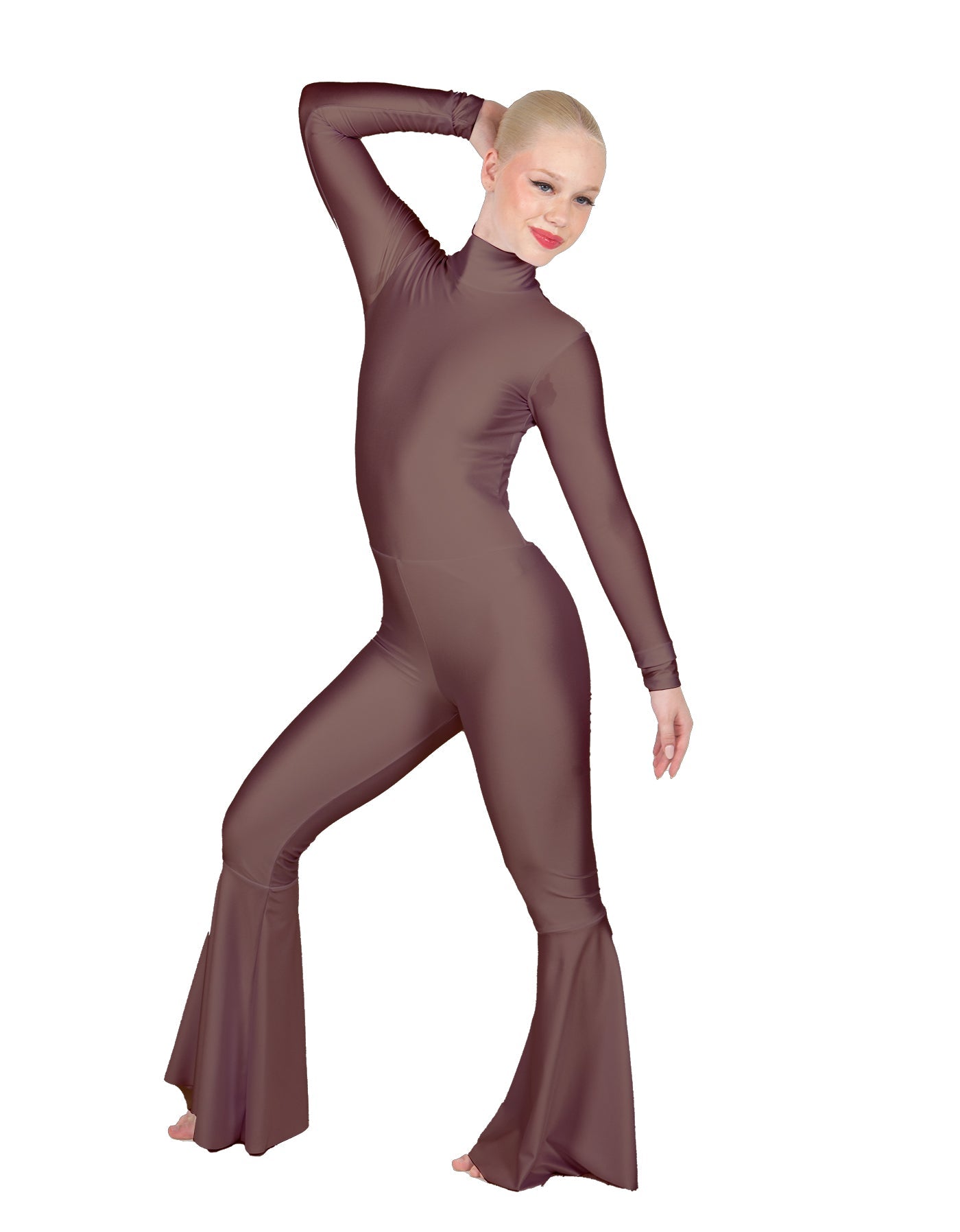 Solid Lycra LS Zipper Back Wide Flare Pant Unitard