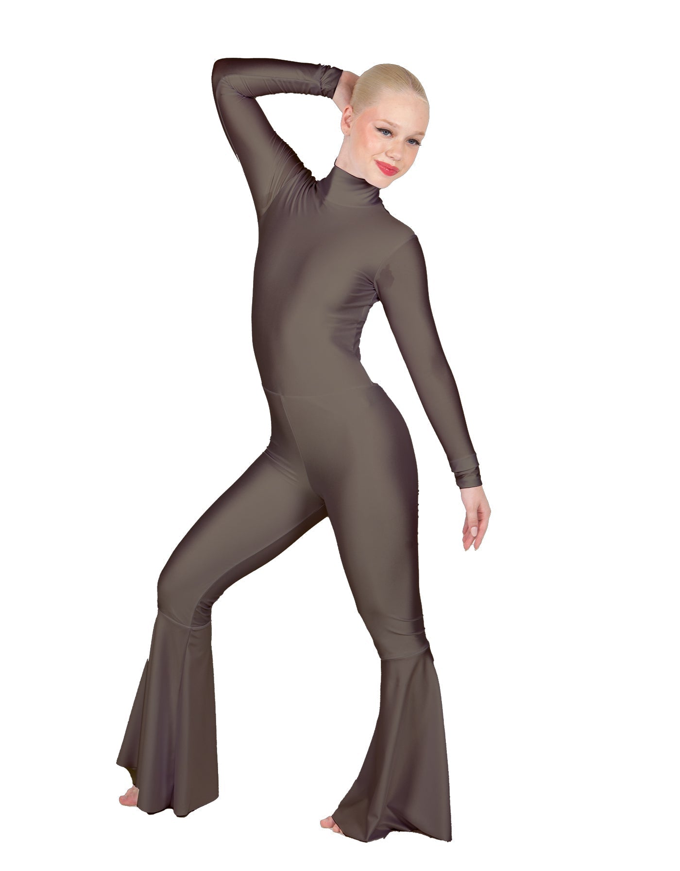 Solid Lycra LS Zipper Back Wide Flare Pant Unitard