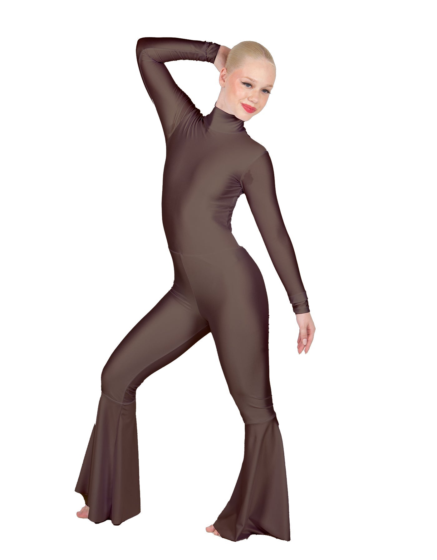 Solid Lycra LS Zipper Back Wide Flare Pant Unitard
