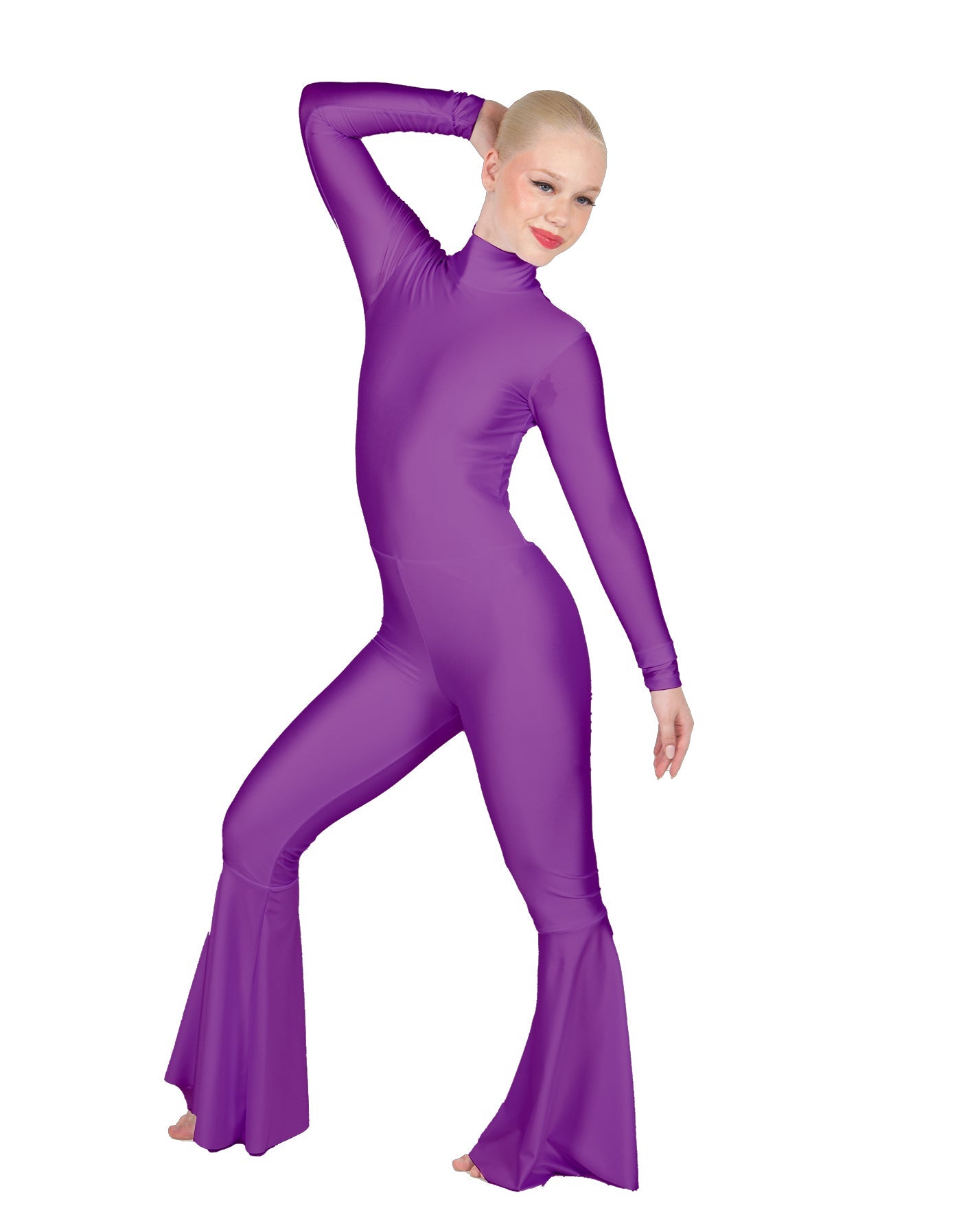 Solid Lycra LS Zipper Back Wide Flare Pant Unitard