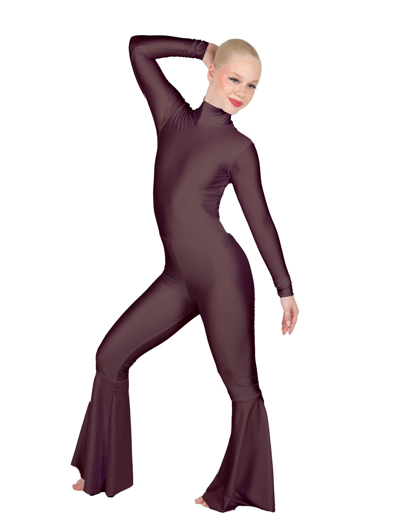 Solid Lycra LS Zipper Back Wide Flare Pant Unitard