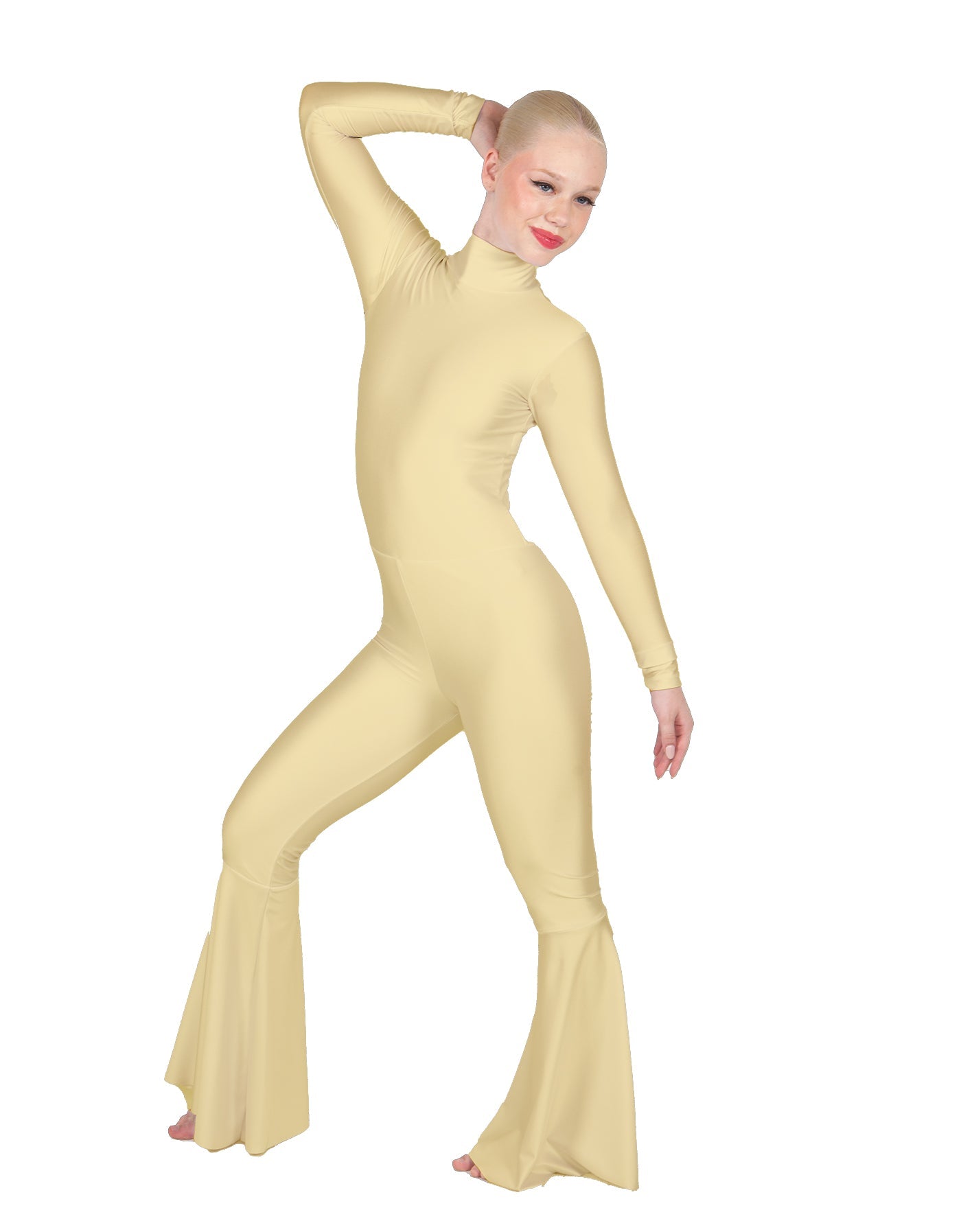 Solid Lycra LS Zipper Back Wide Flare Pant Unitard