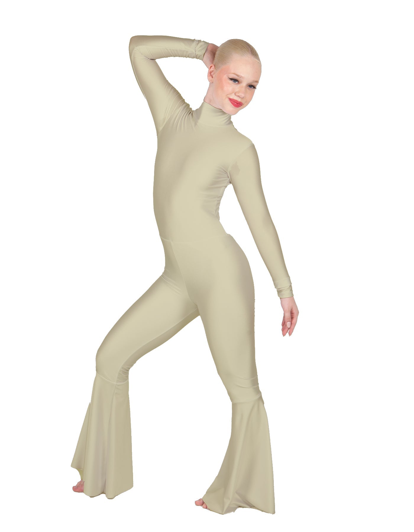 Solid Lycra LS Zipper Back Wide Flare Pant Unitard