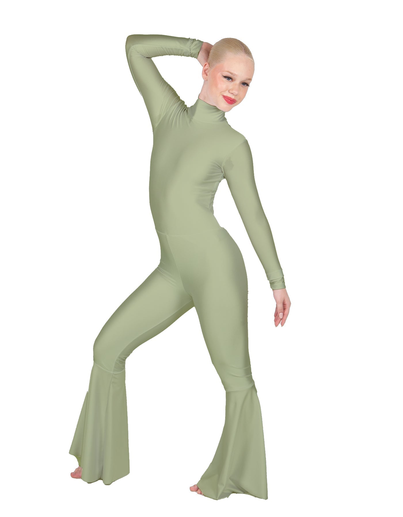 Solid Lycra LS Zipper Back Wide Flare Pant Unitard
