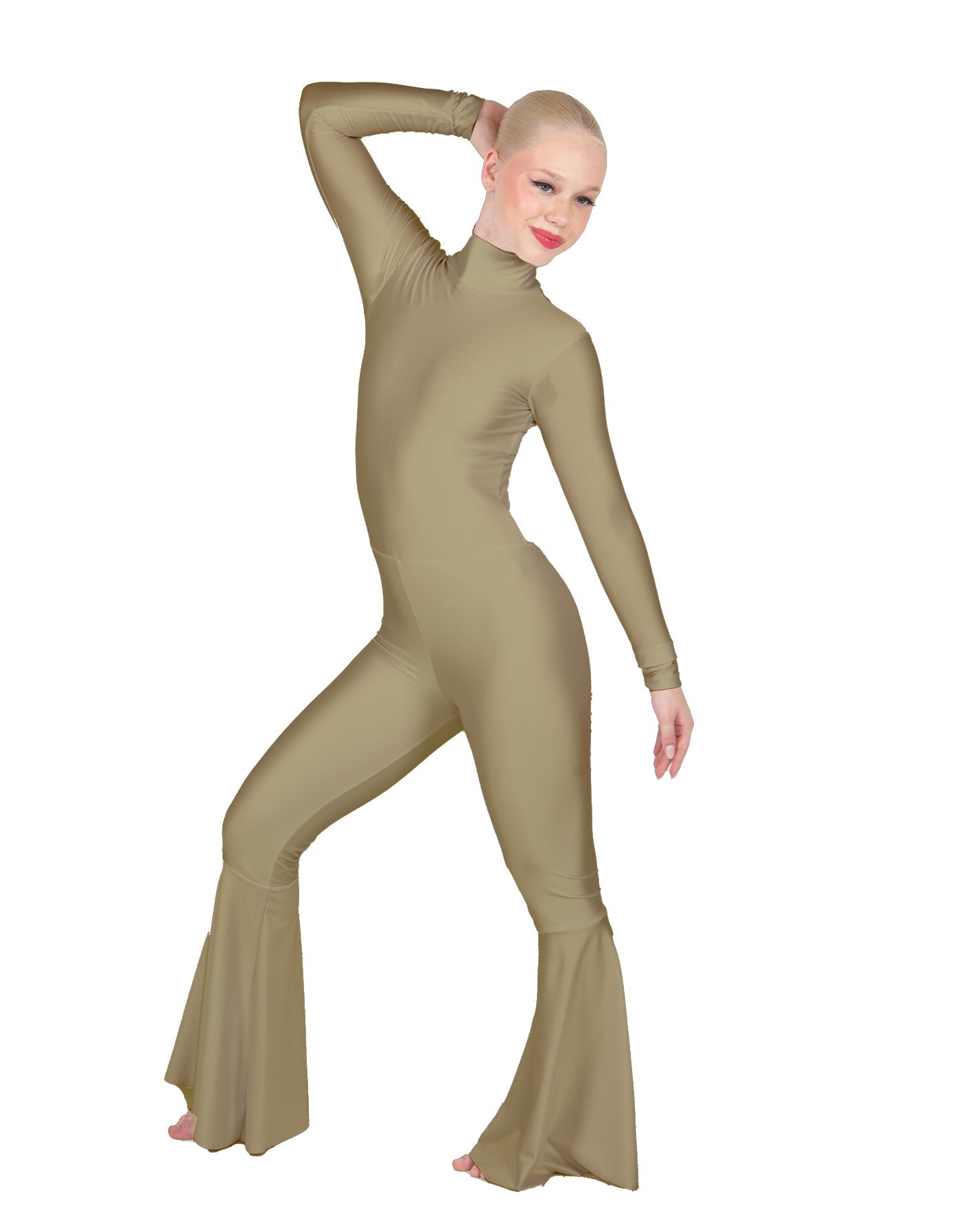 Solid Lycra LS Zipper Back Wide Flare Pant Unitard