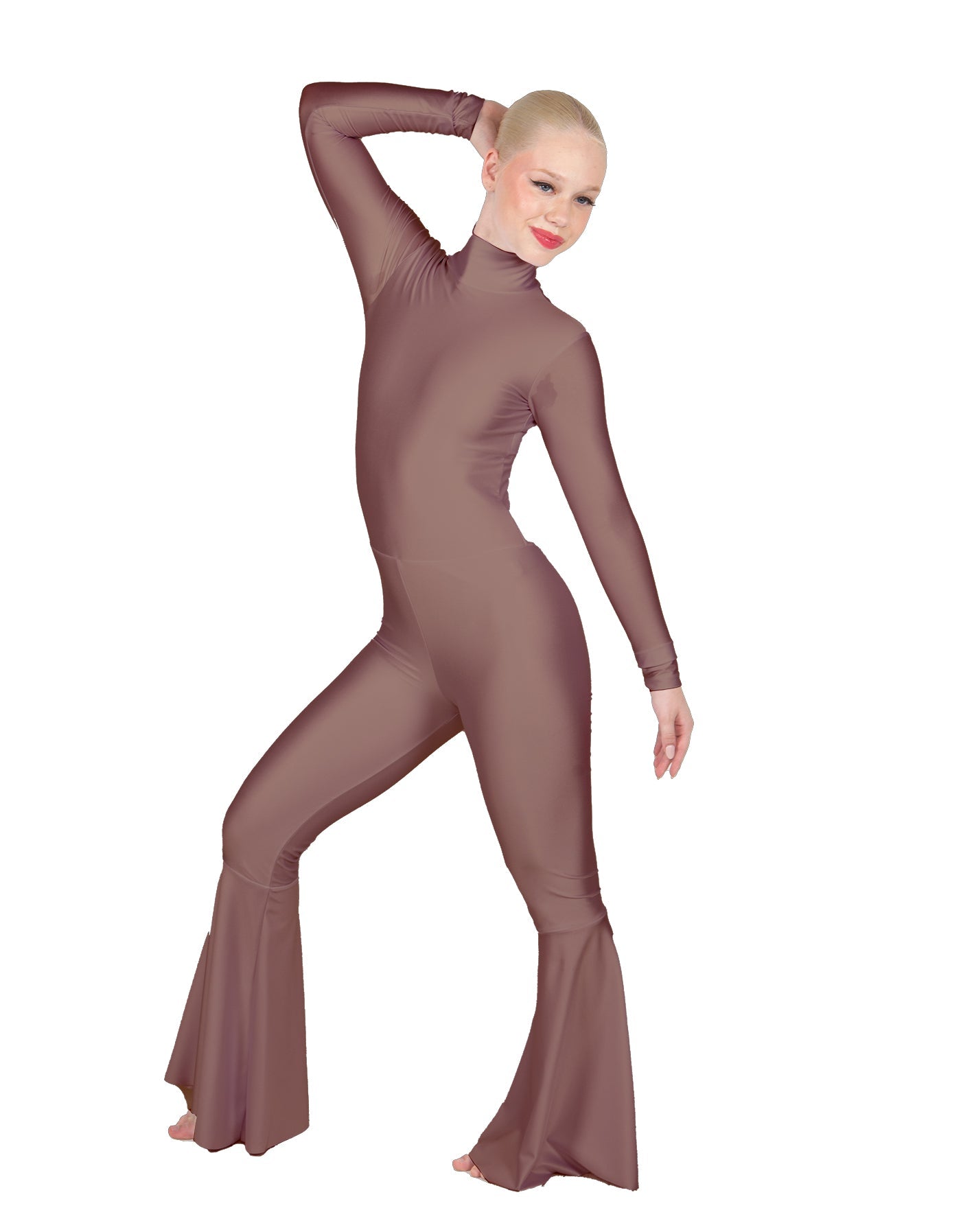 Solid Lycra LS Zipper Back Wide Flare Pant Unitard
