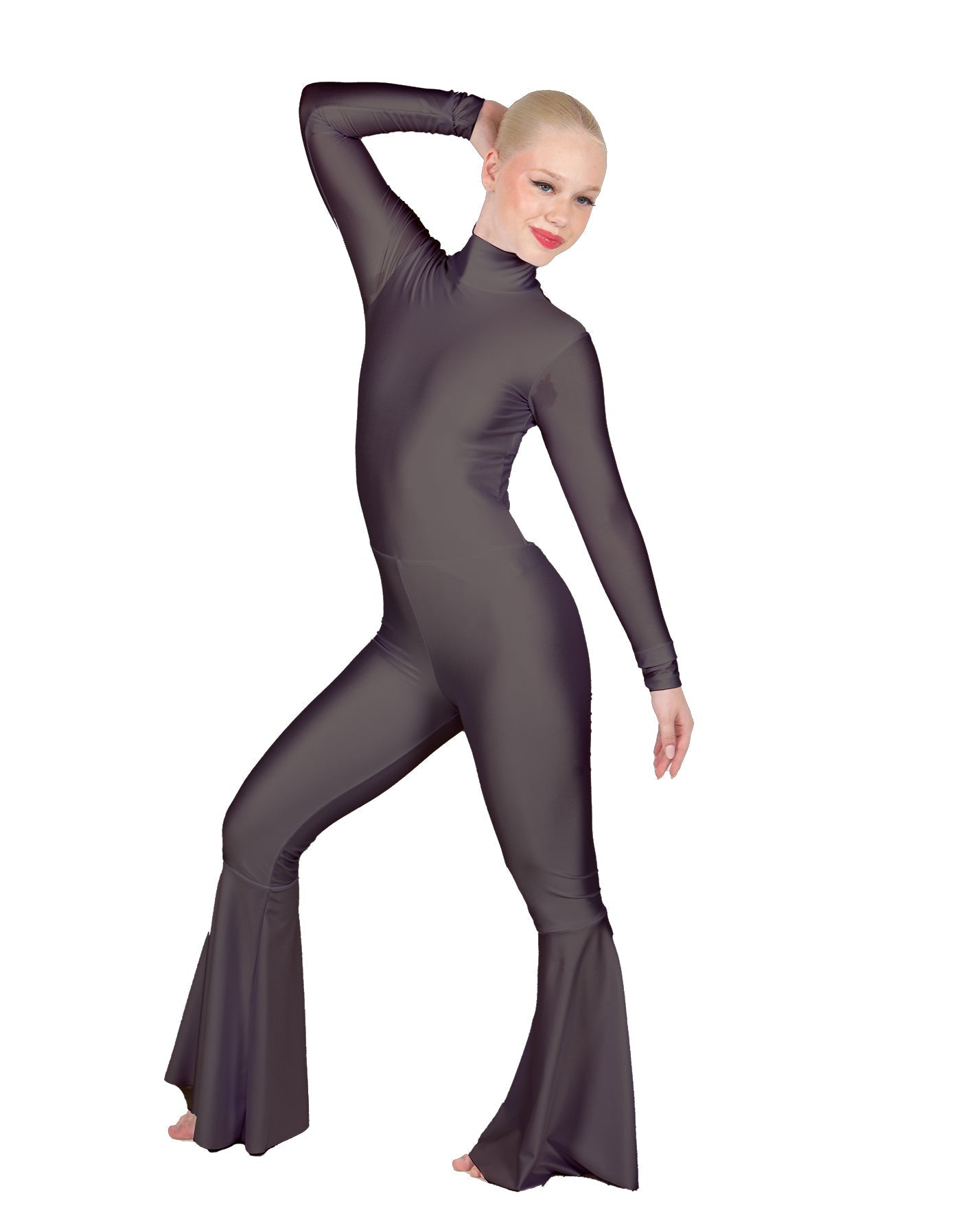 Solid Lycra LS Zipper Back Wide Flare Pant Unitard