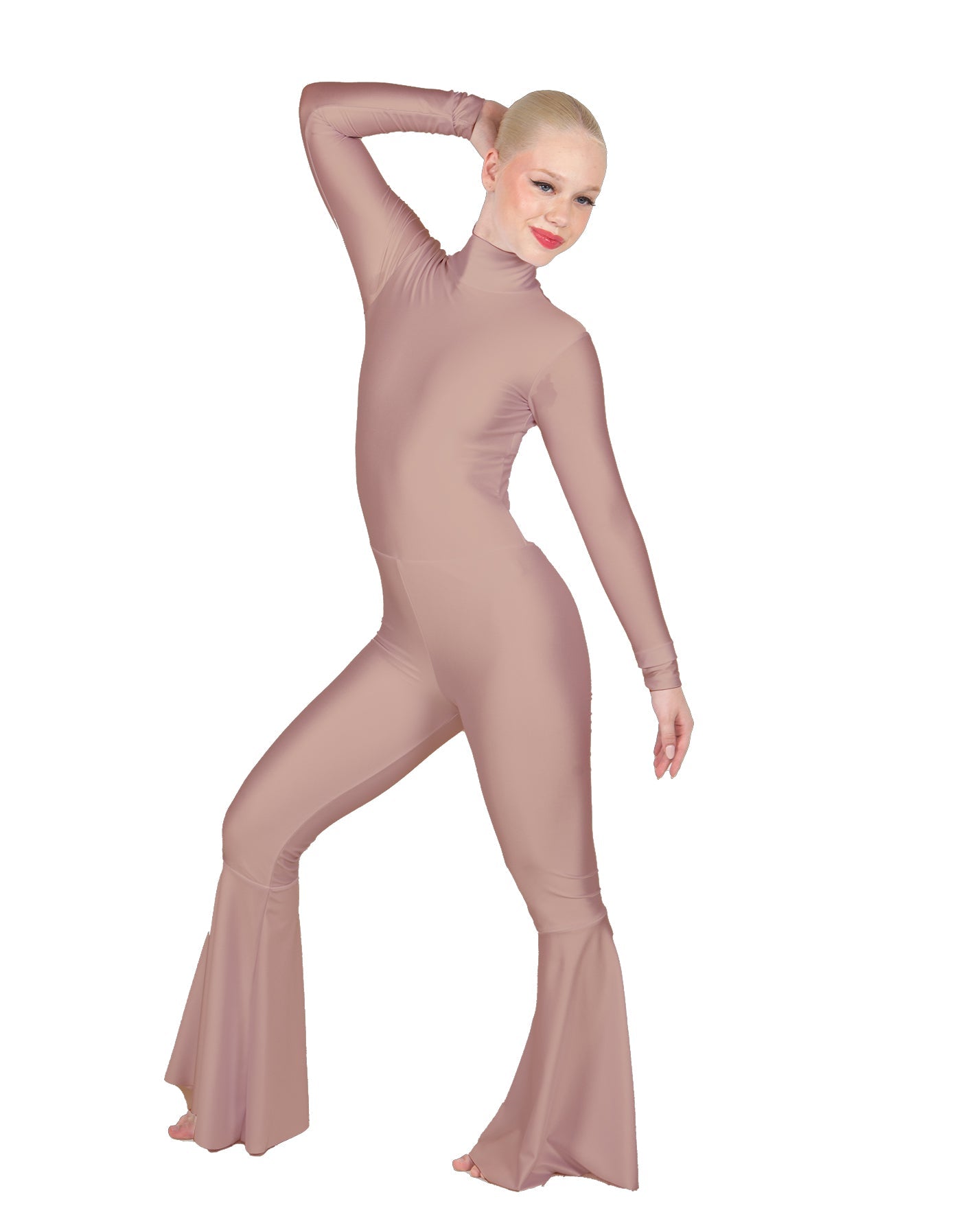 Solid Lycra LS Zipper Back Wide Flare Pant Unitard