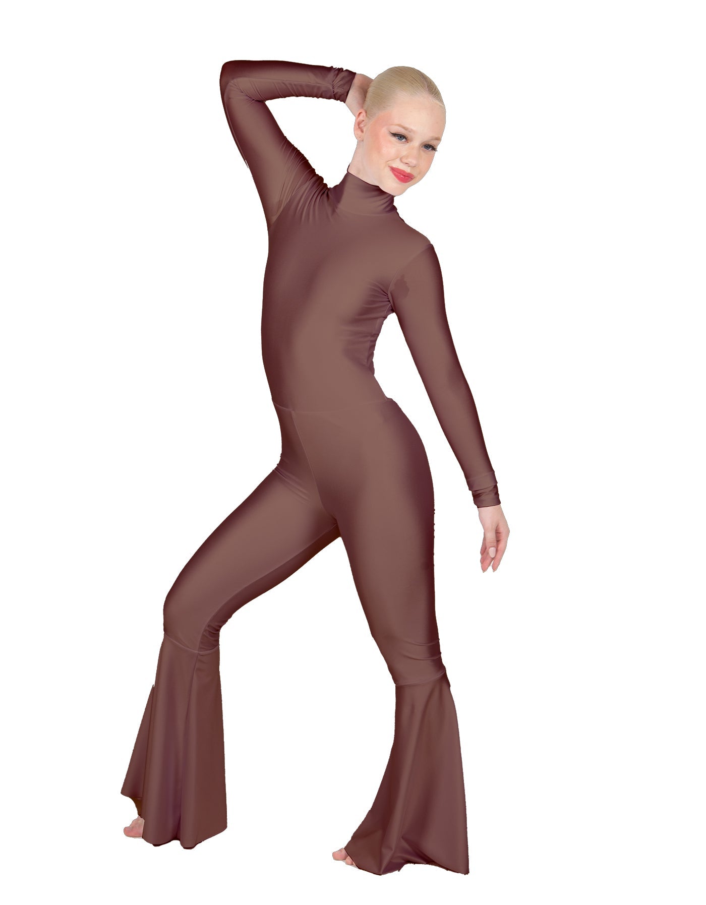 Solid Lycra LS Zipper Back Wide Flare Pant Unitard
