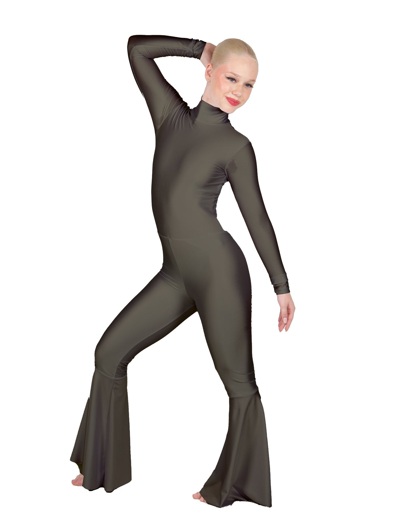 Solid Lycra LS Zipper Back Wide Flare Pant Unitard