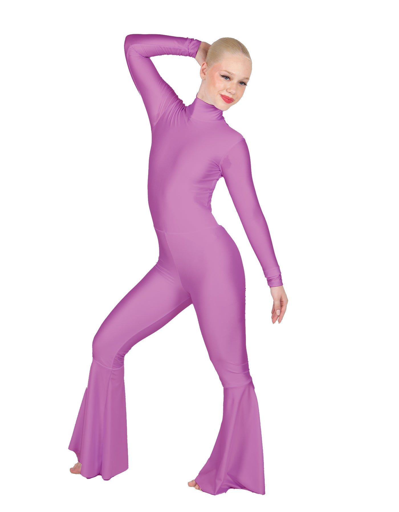 Solid Lycra LS Zipper Back Wide Flare Pant Unitard