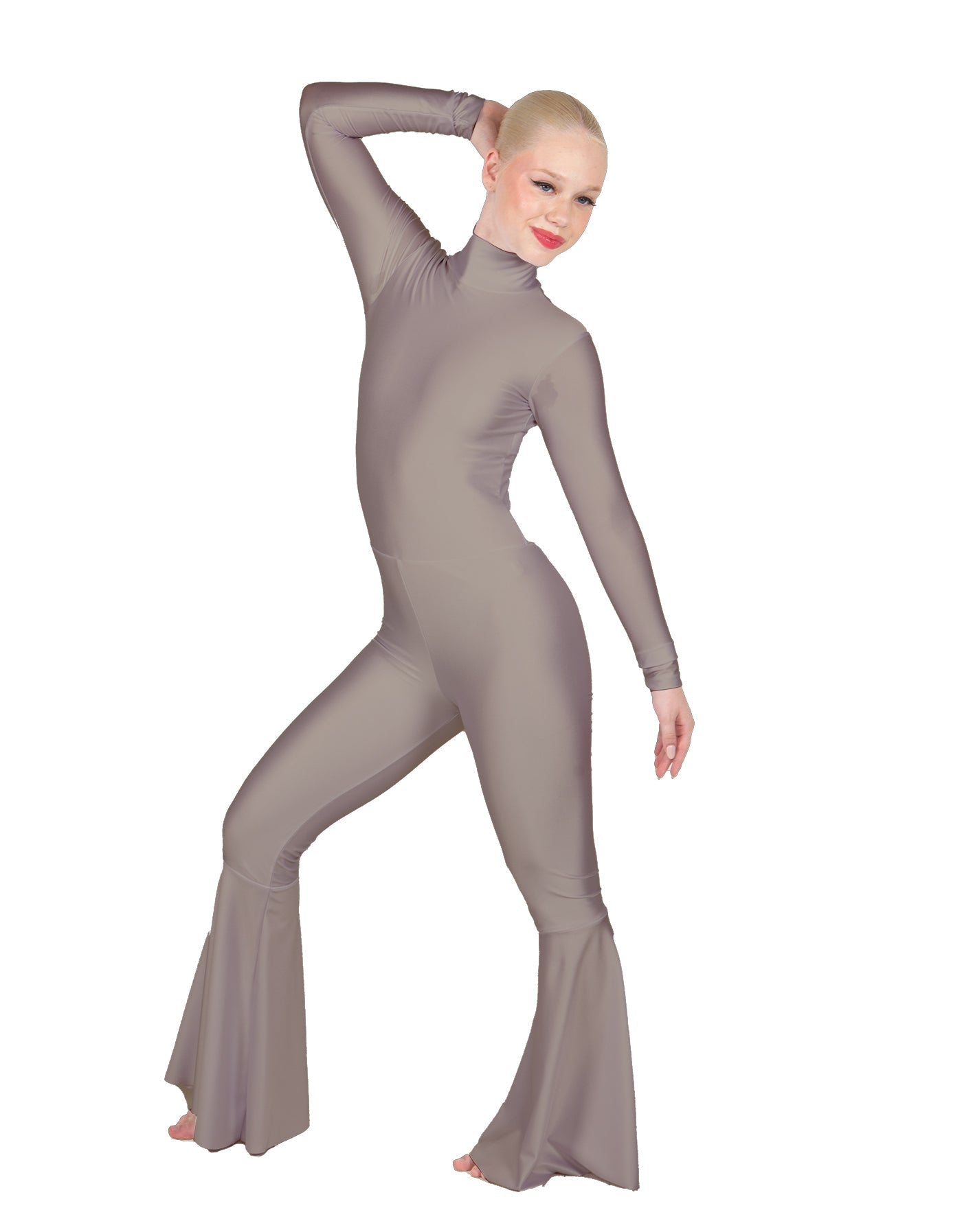 Solid Lycra LS Zipper Back Wide Flare Pant Unitard